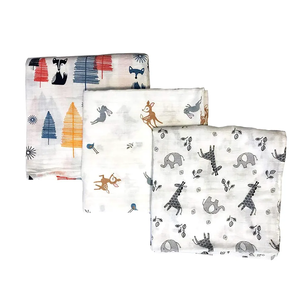 Bambino Swaddle Coperta mussola, 47x47 (3 Pack)"Fox & Deer & Girafe Stampa" Organic mussola di cotone Copertina per per i ragazzi e le ragazze, panni del Burp & Passeggino Copertina