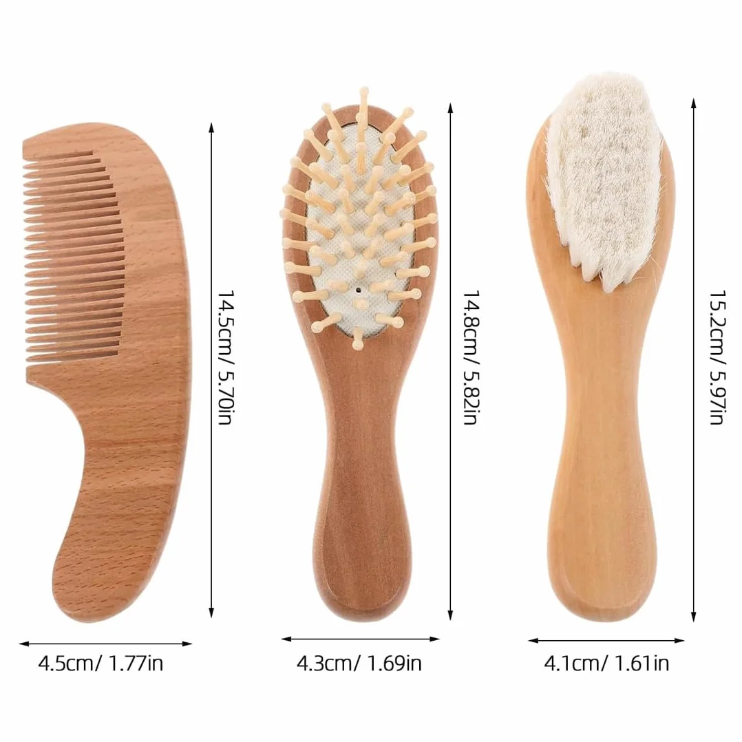 Spazzola Neonato, Set Di 3 Spazzole Pettini Legno Naturale Marrone, Setole Morbide Capra, Lunghezza 15Cm Larghezza 4Cm