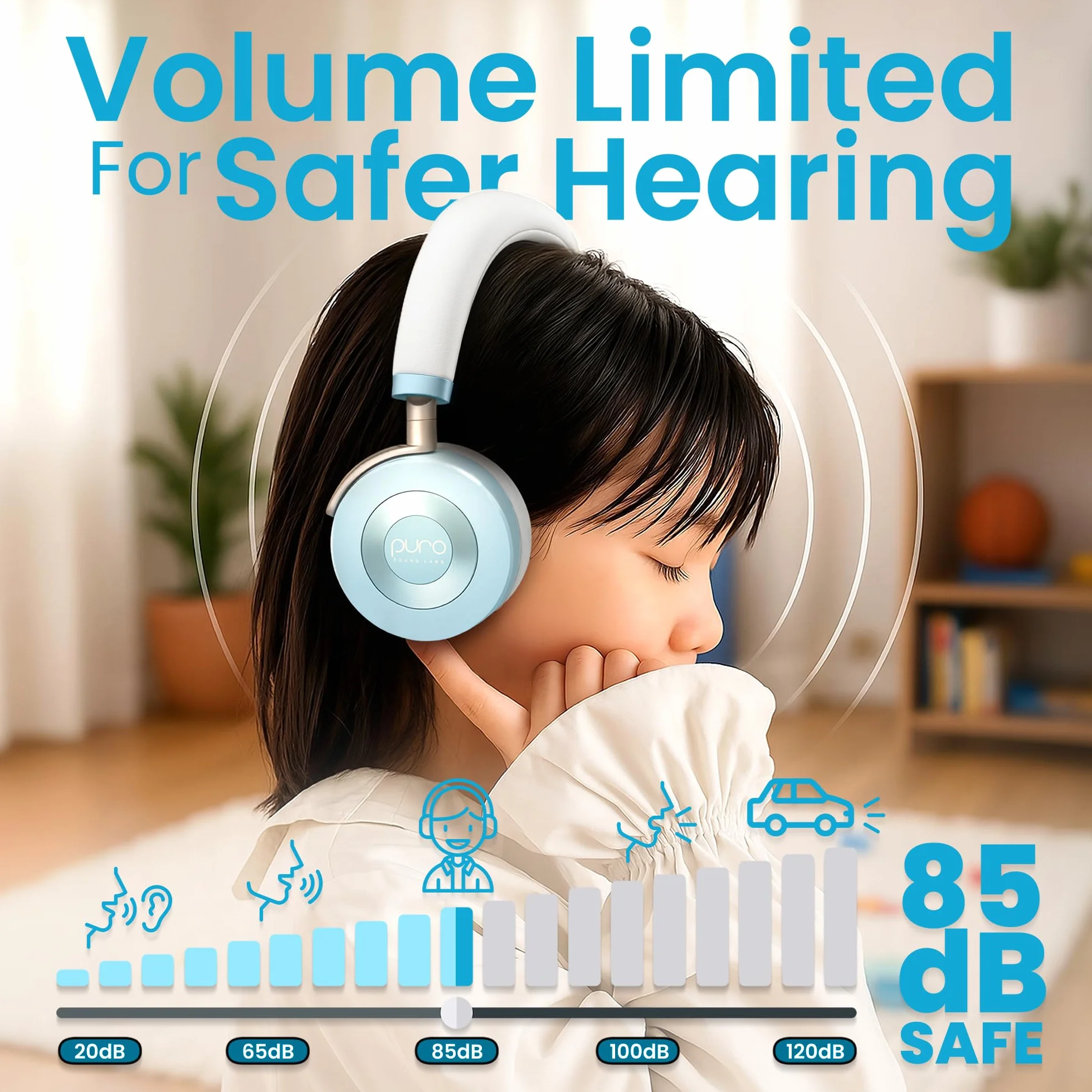 Puro Sound Labs JuniorJam Plus - Auricolari con limitazione di volume per bambini, limite di 85 dB, cuffie Bluetooth regolabili per tablet, smartphone, computer, 22 ore di autonomia