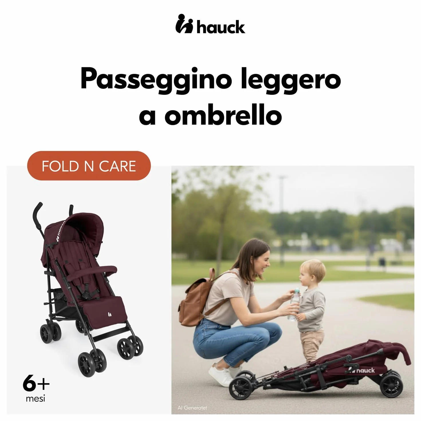 hauck Fold N Care, Blackberry - Passeggino a Ombrello per Bambini da 6 Mesi fino a 22 kg, Pieghevole e Leggero (7,6 kg), Schienale Reclinabile, Cappottina UPF 50+, Cesto XL, Ruote EVA Piroettanti