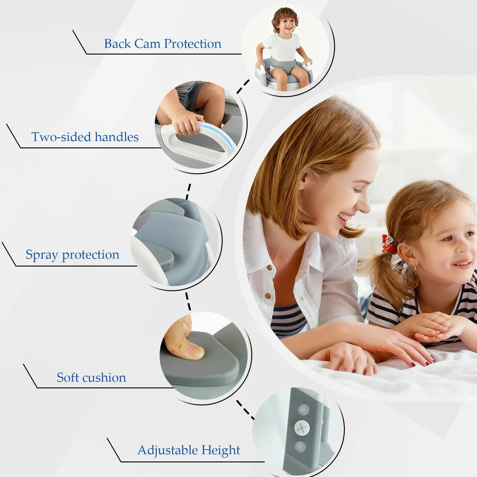 Riduttore WC Bambini 3 in 1 con Scaletta e Cuscino Rimovibile, Altezza Regolabile, Antiscivolo con Rivestimento in PU Morbido, Adattore Water Pieghevole per Addestramento (2-7 anni, Grigio)