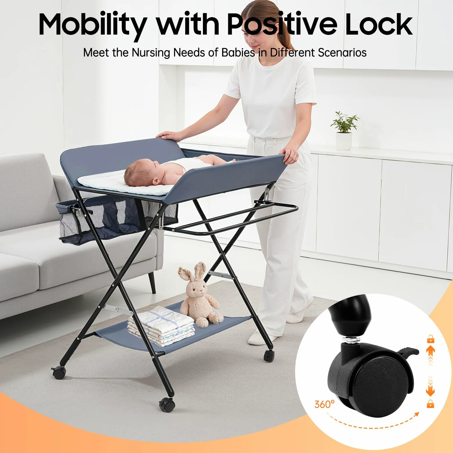 Fasciatoio pieghevole e portatile 3 in 1, fino a 25 kg, fasciatoio per neonati, con cestino portaoggetti, cintura di sicurezza e 4 ruote con freno, regolabile in altezza, grigio