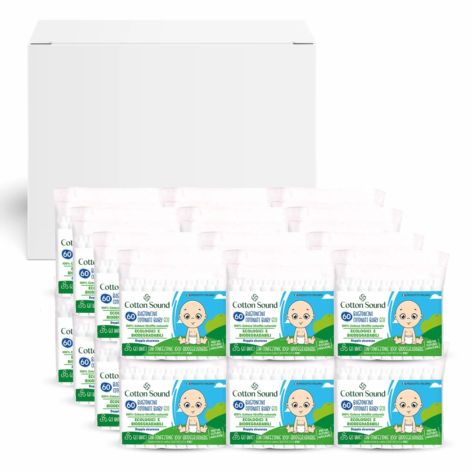 COTTON SOUND ECO Bastoncini Cotonati Baby Busta 24 confezioni x 60 Pezzi, Bastoncini Cotonati per Bambini, Bastoncini Ecologici e Biodegradabili 100% Cotone Idrofilo, Busta Compostabile, Made in Italy