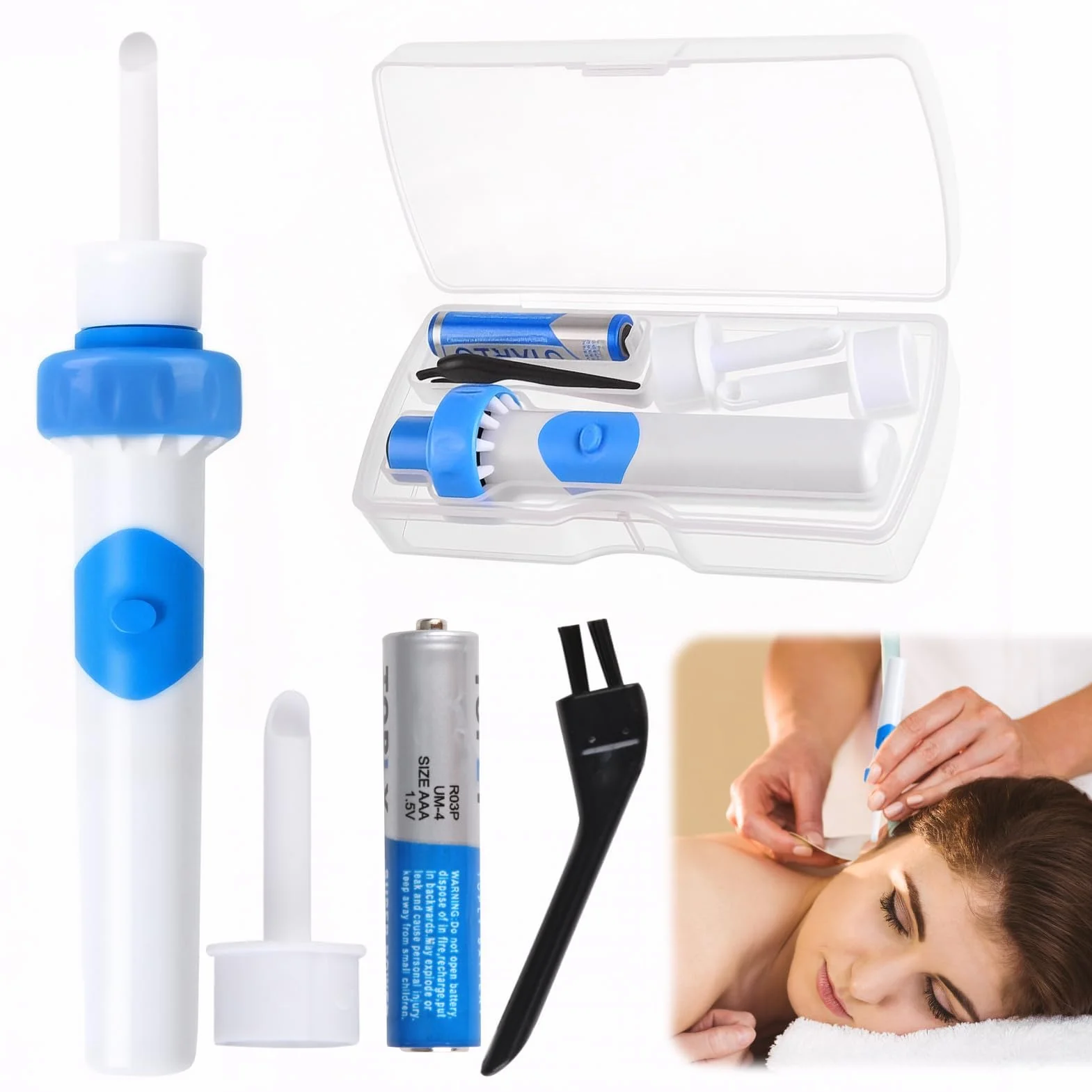 Yuio Pulisci Orecchie Elettrico, Aspiratore Cerume Orecchie Con 2 Teste di Ricambio in Silicone e una batteria, Pulizia orecchie, Rimuovi Cerume Orecchie per Adulti Bambini Anziani