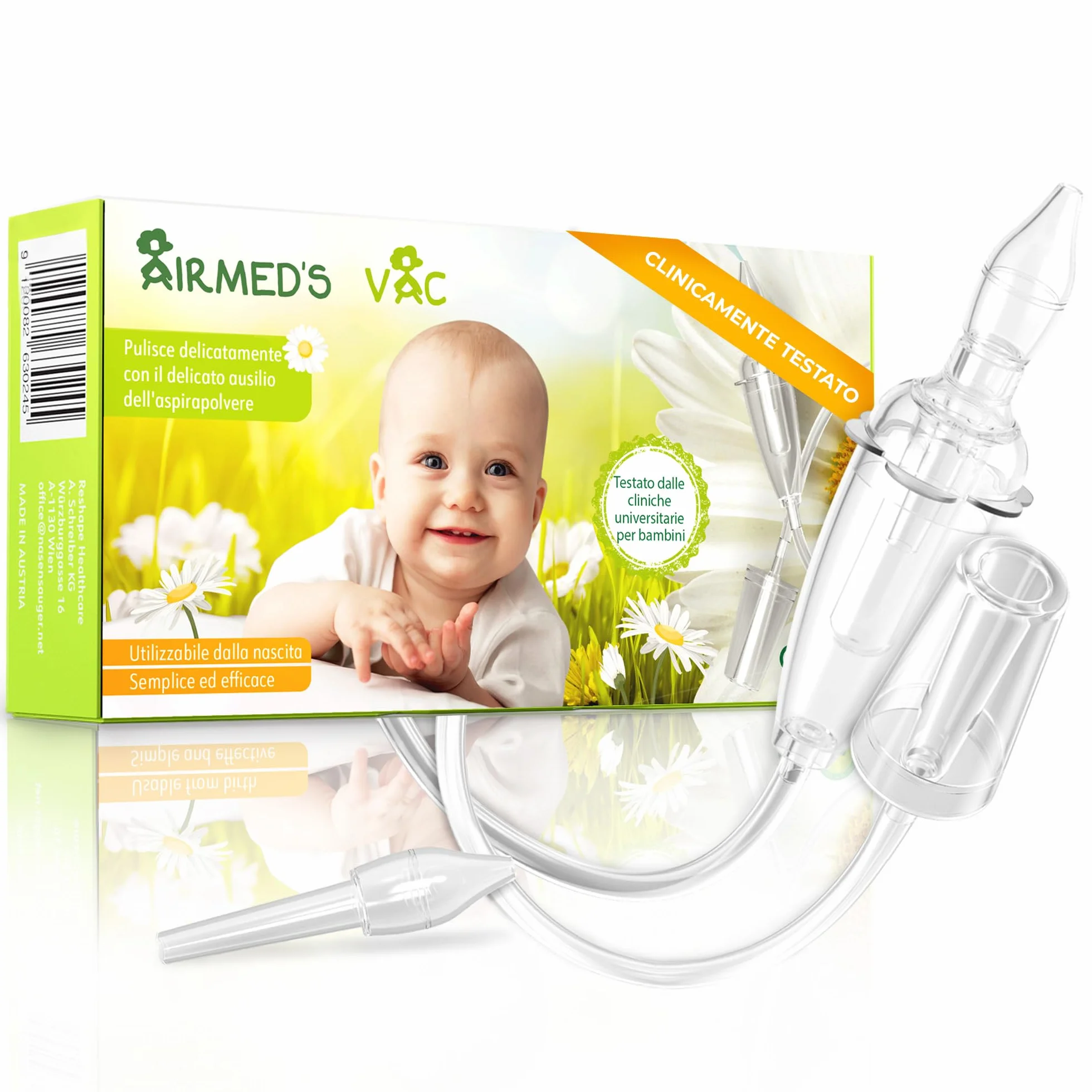 Airmed's Vac Aspiratore nasale neonato. Clinicamente testato e sicuro | Naso libero in 3 secondi. Con 2 testine di aspirazione e spazzolina per la pulizia. Compatibile con tutti gli aspiratori