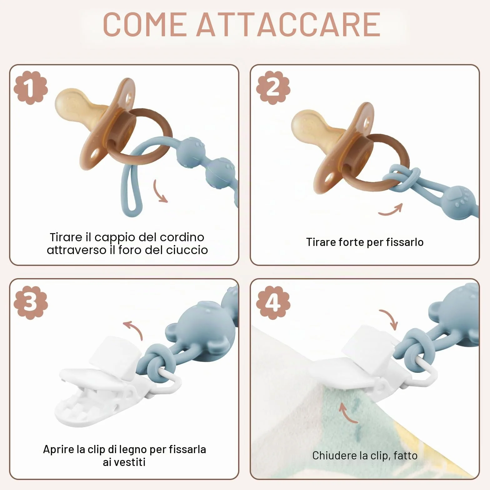 Confezione da 4 catenelle per ciuccio, in silicone con clip di sicurezza, per ragazzi e ragazze, Pacifier Chain e clip per ciuccio, facile da pulire, catene per ciuccio per passeggini e