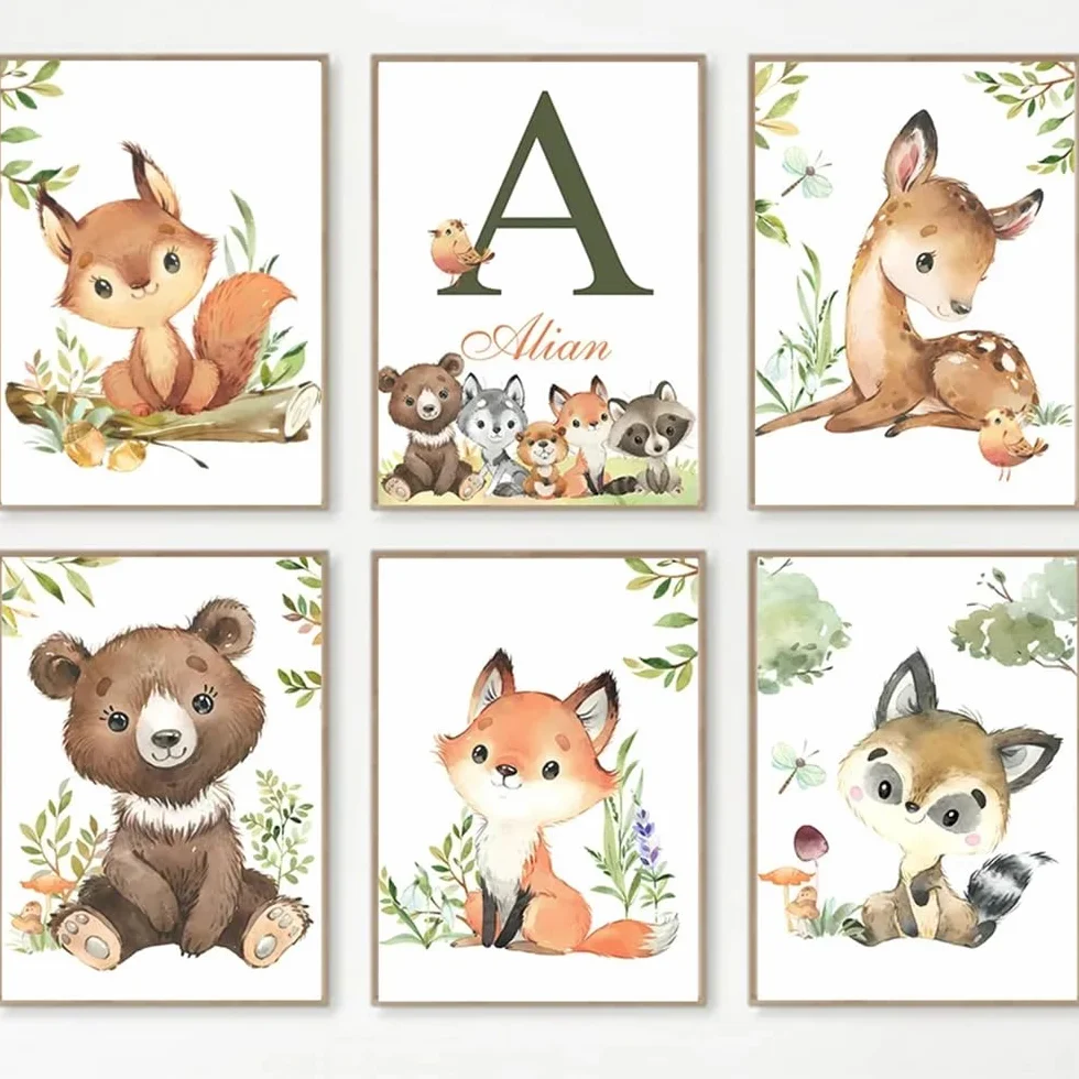 Youihom 6 Quadro Animali Bosco Quadretti Personalizzati Bimba Poster con Lettere del Nome Bambini Stampe Cameretta Neonato Volpe Orso Scoiattolo Cervo Marrone Verde Quadri Tela 21x30 senza Cornice