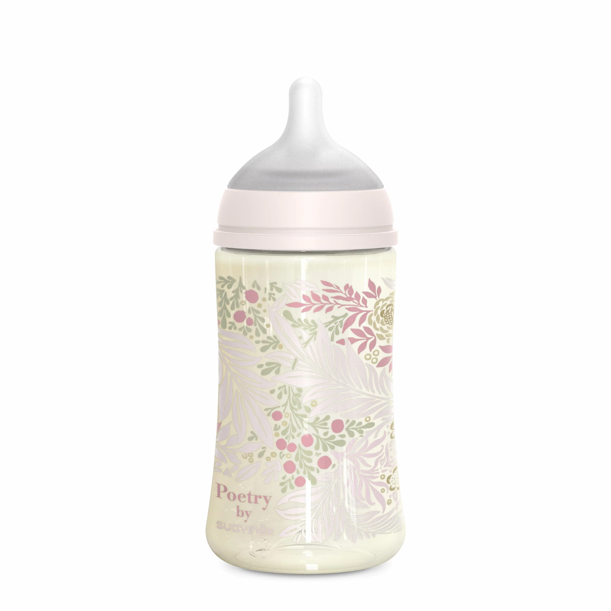 Suavinex, biberon da 270 ml, con tettarella fisiologica SX Pro in silicone, valvola anticolica, flusso medio (M), per liquidi a media densità, latte, succhi o acqua. Neonati +3 mesi. Poetry, Rosa