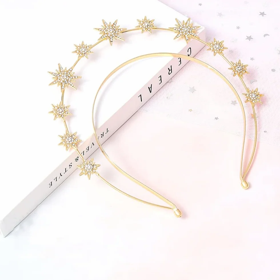 1 Pezzo Cerchietto per Capelli con Strass a Forma di Stella, Cerchietto Sole Oro Cerchietto con Stella Luccicante Carnival per Donne e Ragazze, Sole Luna Stelle Costume