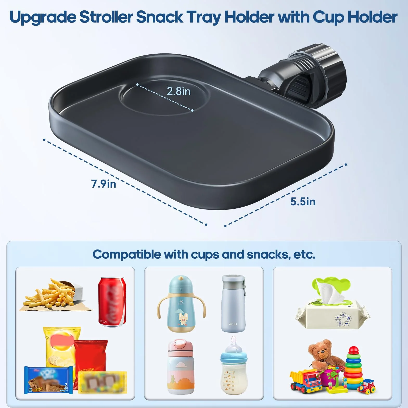 KDD Vassoio per Passeggino Universale, 2 in 1 Vassoio per Snack per Passeggino con Portabicchier, Porta Biberon per Passeggino a Installazione Rapida, Accessori Passeggino per Baby Jogger, Britax, BOB