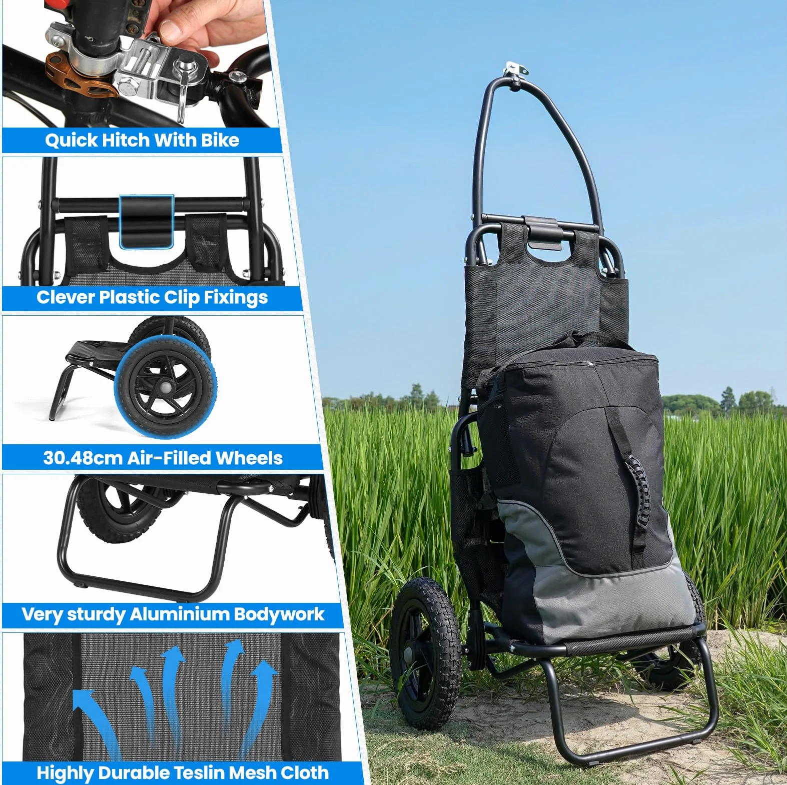SEPNINE Rimorchio per carico bicicletta 2 in 1, carrello per la spesa, carrello a mano, telaio in acciaio legato, leggero pieghevole con pneumatici da 30 cm, peso di carico 20 kg