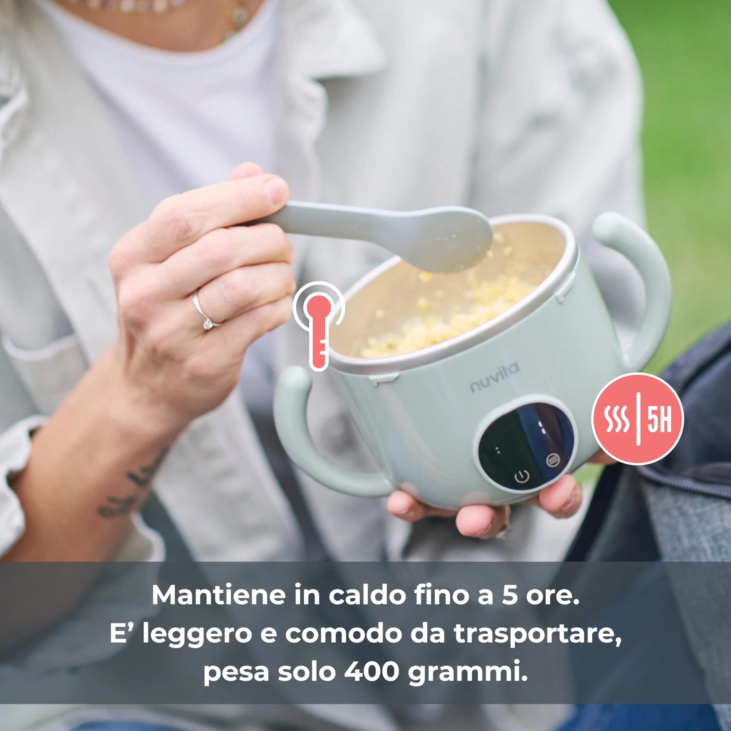 Nuvita 1980 Pappa'n'Go Scaldavivande Portatile per Bambini – Ricaricabile, Impermeabile, con Controllo Intelligente della Temperatura, Interno in Acciaio Inossidabile e Base Antiscivolo