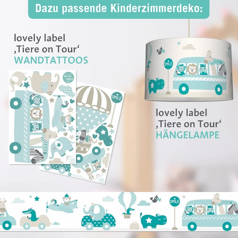 bordo autoadesivo, 450 x 11,5 cm, con motivo di escursione degli animali, beige-menta-turchese