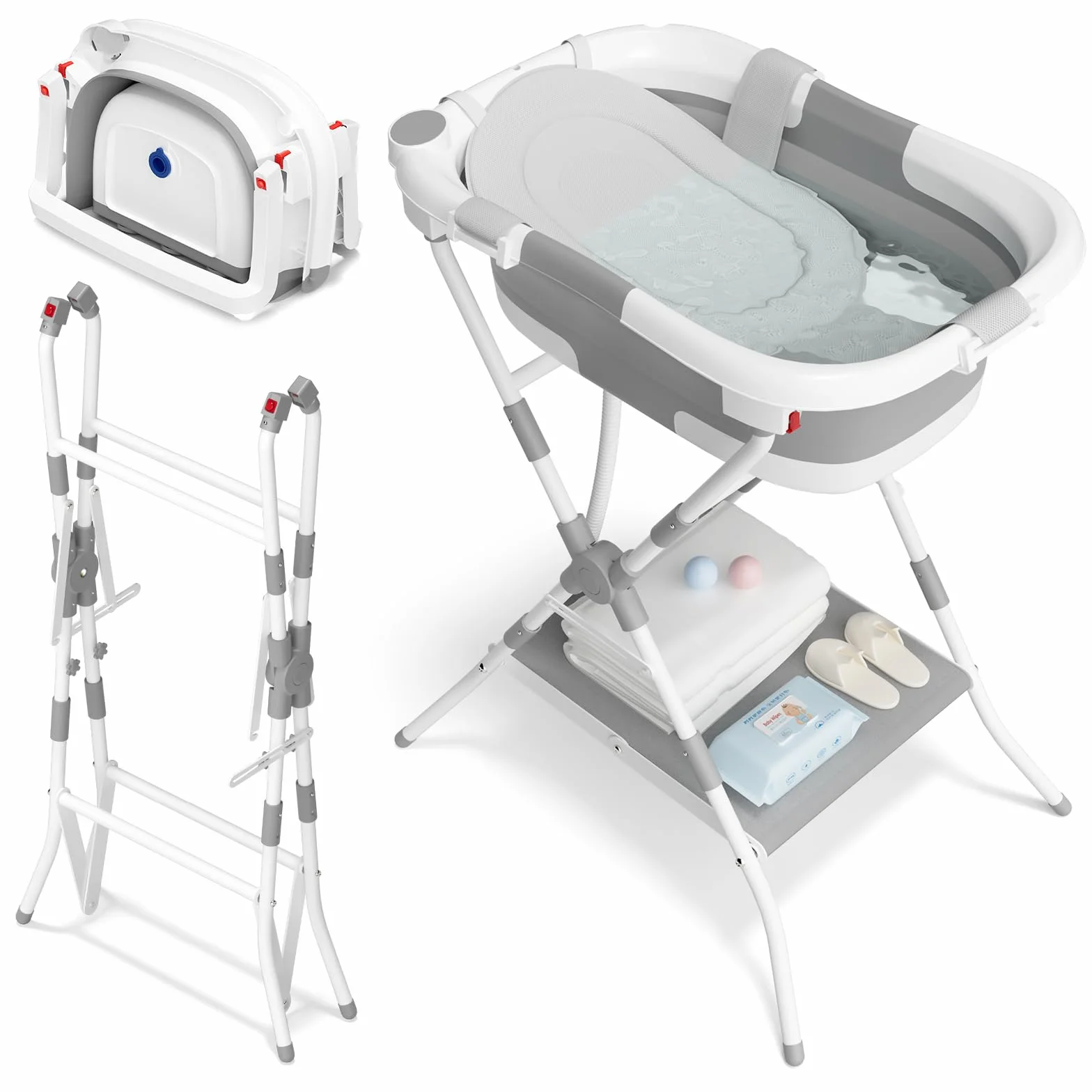 2 in 1 Bagnetto neonato con supporto, vaschetta da bagno con rete di sostegno per neonati e bambini piccoli, design multiuso e pieghevole per riporla facilmente, grigia