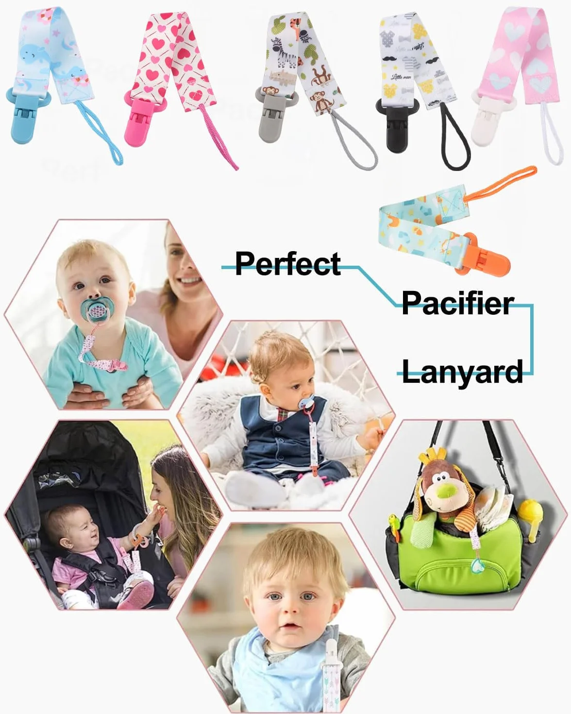 6 Pezzi Ciuccio Catena per Bambini, Catenella Porta succhietto Ciuccio Clip Adattatore per Neonato per Nascita Battesimo Baby Compleanno Natale Regalo
