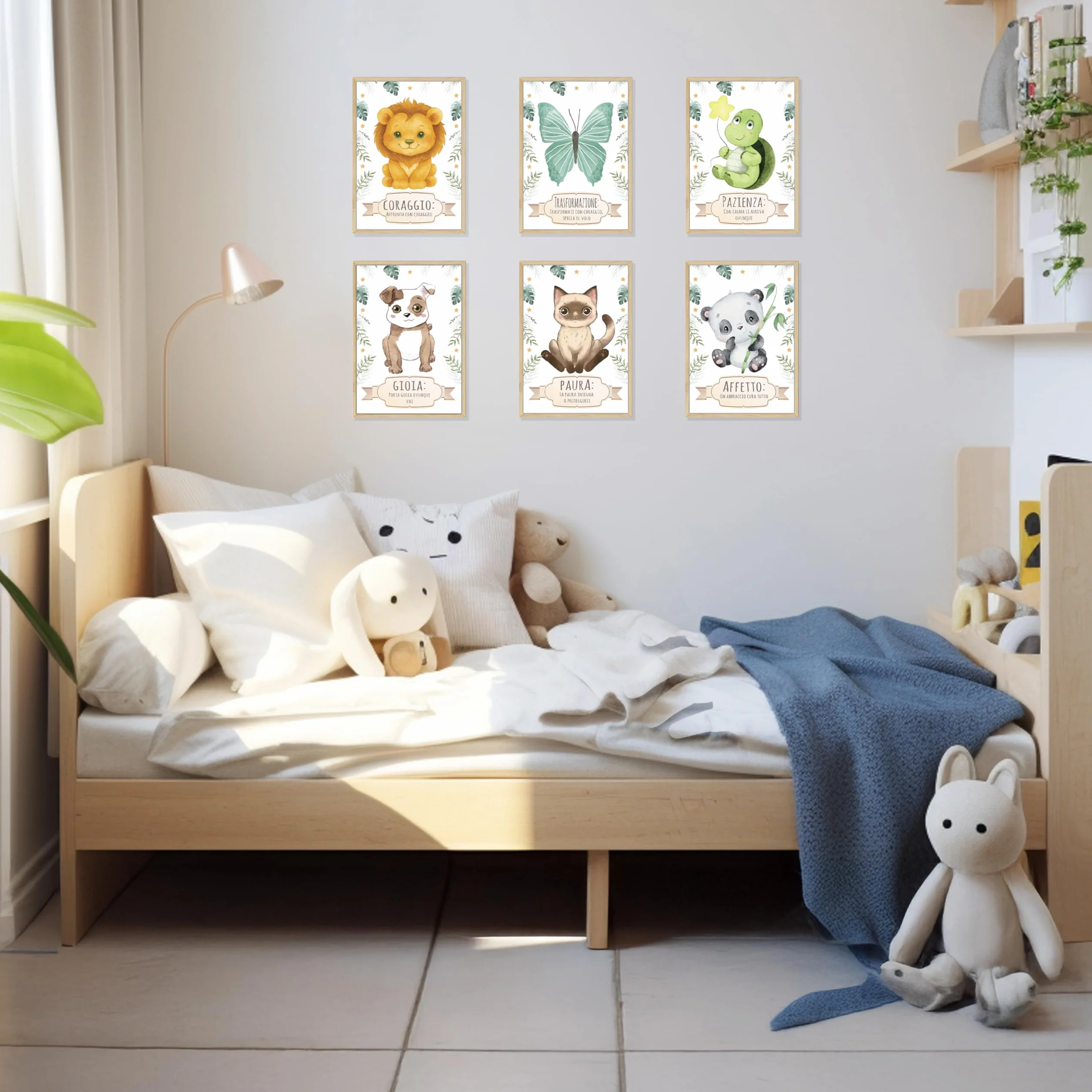 NAÏZAYA Cameretta Bambina Bambino Decorazioni - Set 6 Poster Quadri Animali 21x30cm - Frasi Motivazionali Italiano, Senza Cornice