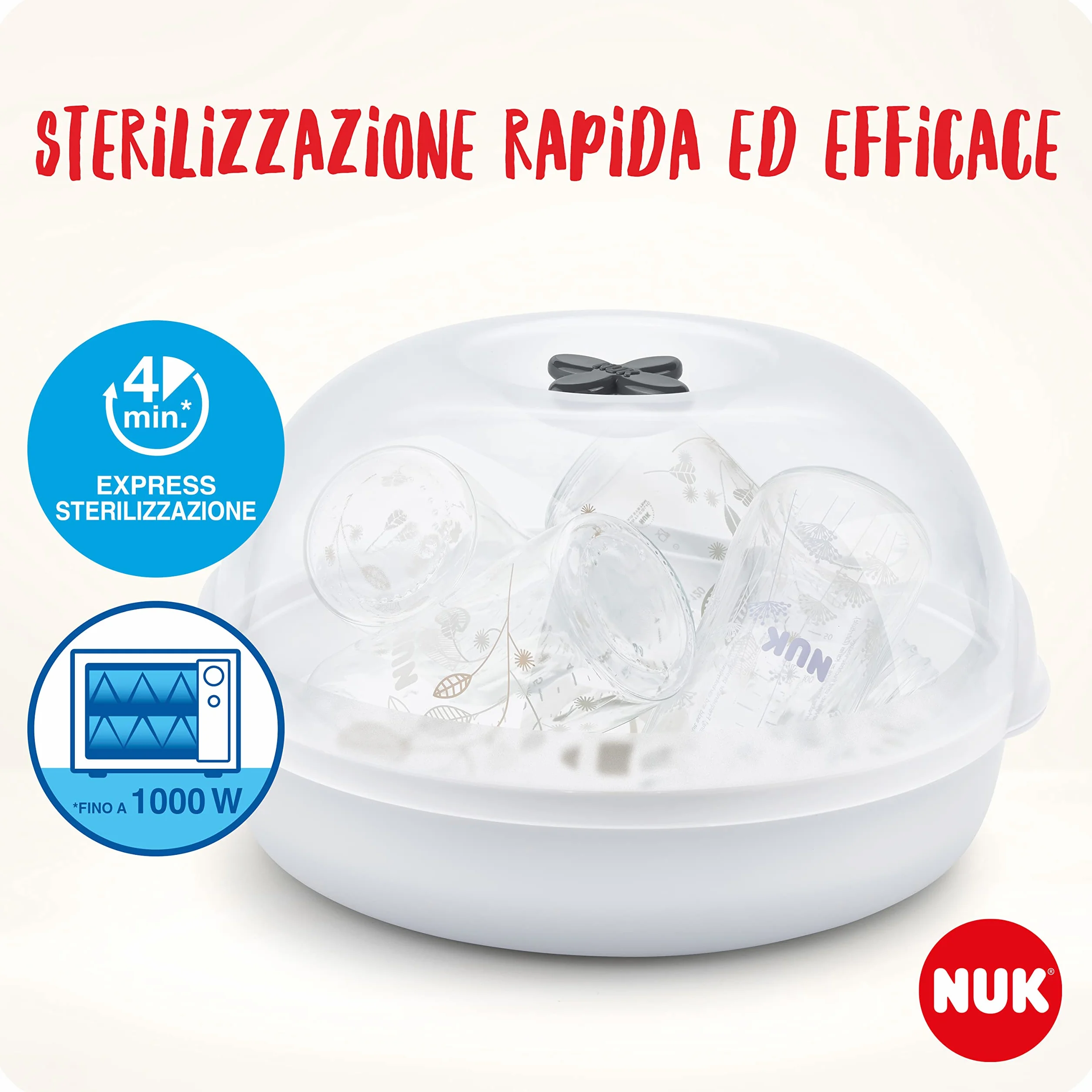 NUK Micro Express Plus sterilizzatore biberon per microonde | Sterilizza fino a 4 biberon e accessori in 4 minuti | Compatibile con gran parte dei microonde | Pinze per rimozione igienica
