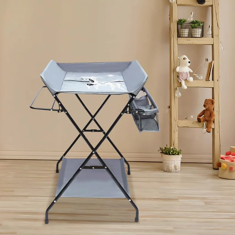 Fasciatoio Pieghevole per Bagnetto Neonati Fasciatoio Portatile Cambio Pannolini con Tasche a Rete e Scomparti Portaoggetti Fasciatoio per Bambini (80 * 57 * 96cm-Grigio)