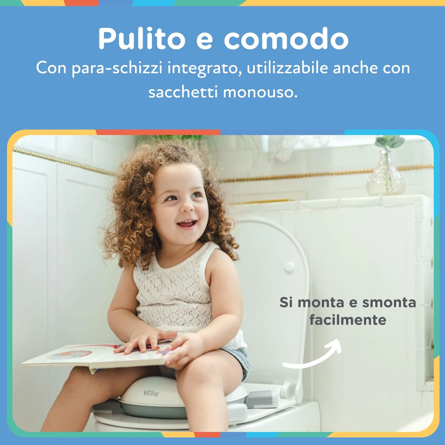 Nuby - Vasino portatile per bambini da viaggio - Wc portatile 2 in 1 Riduttore wc bambini o uso in autonomia - Con protezione paraschizzi e sacchetti usa e getta - Per imparare a usare il bagno