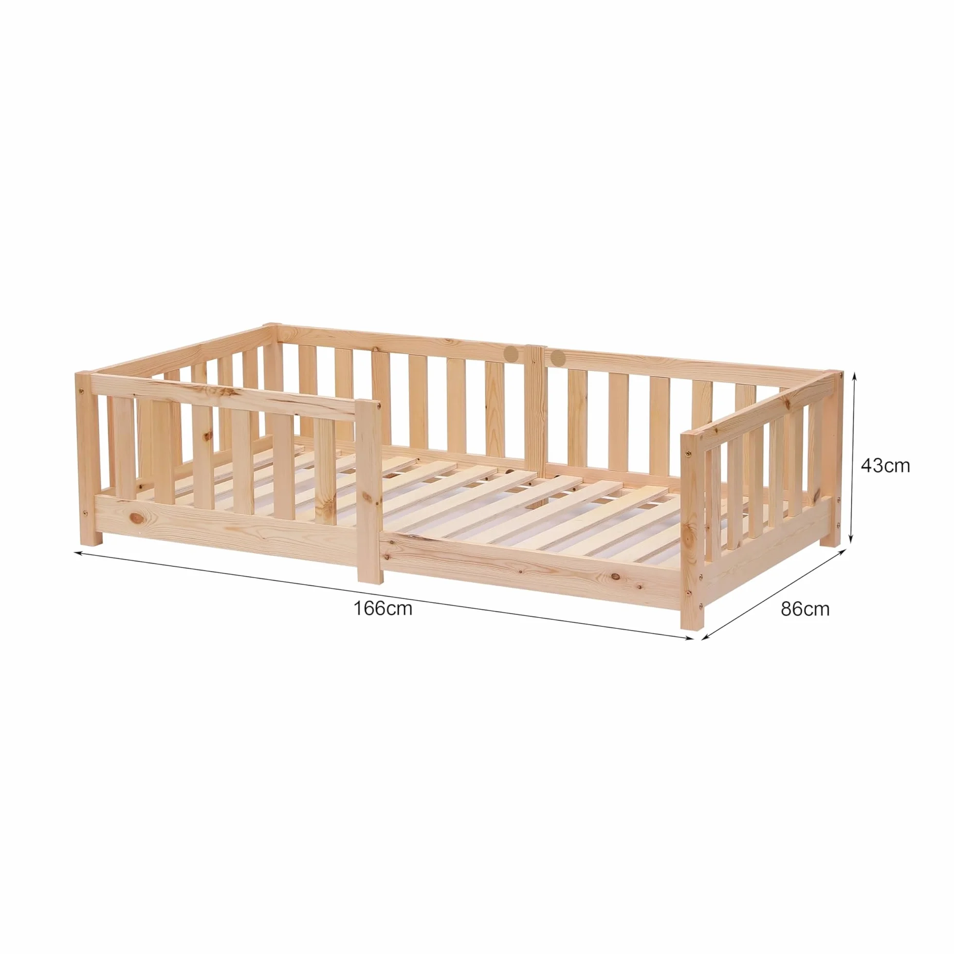 ecoMI Letto per bambini con protezione anticaduta e rete a doghe, letto da pavimento Montessori in legno di pino massiccio, letto singolo, naturale, 80 x 160 cm