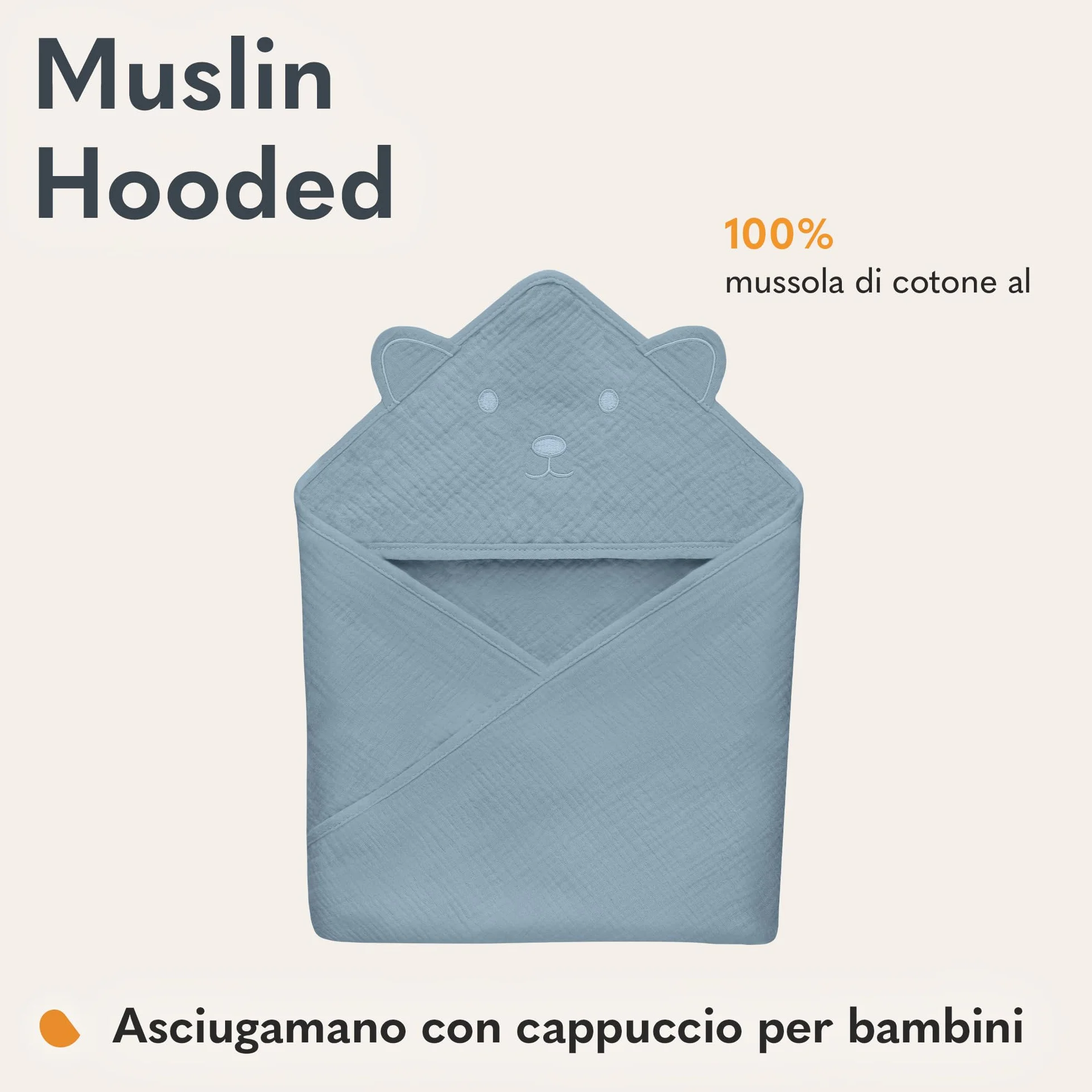 lionelo MUSLIN HOODED TOWEL Asciugamano con Cappuccio 80x80cm per neonato 100% Cotone Naturale Swaddle in Mussola dopo Bagnetto Mantella da Bagno Traspirante Morbida per Bambini (Blu, 80x80 cm)