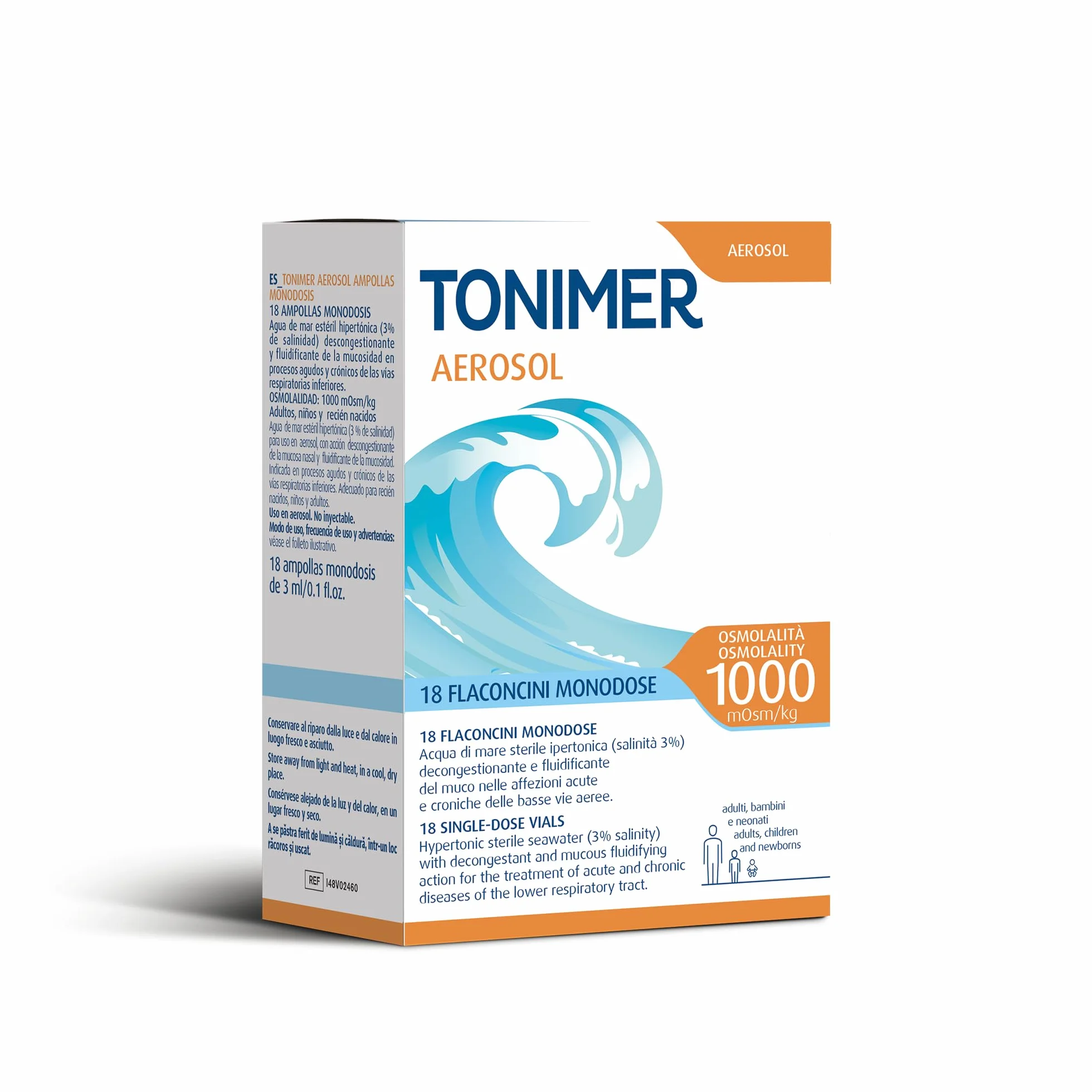 Tonimer Aerosol 1000-18 flaconcini monodose - Acqua di Mare Sterile Ipertonica (salinità 3%) - Decongestionante e Fluidificante del Muco - Adatta a Neonati, Bambini e Adulti