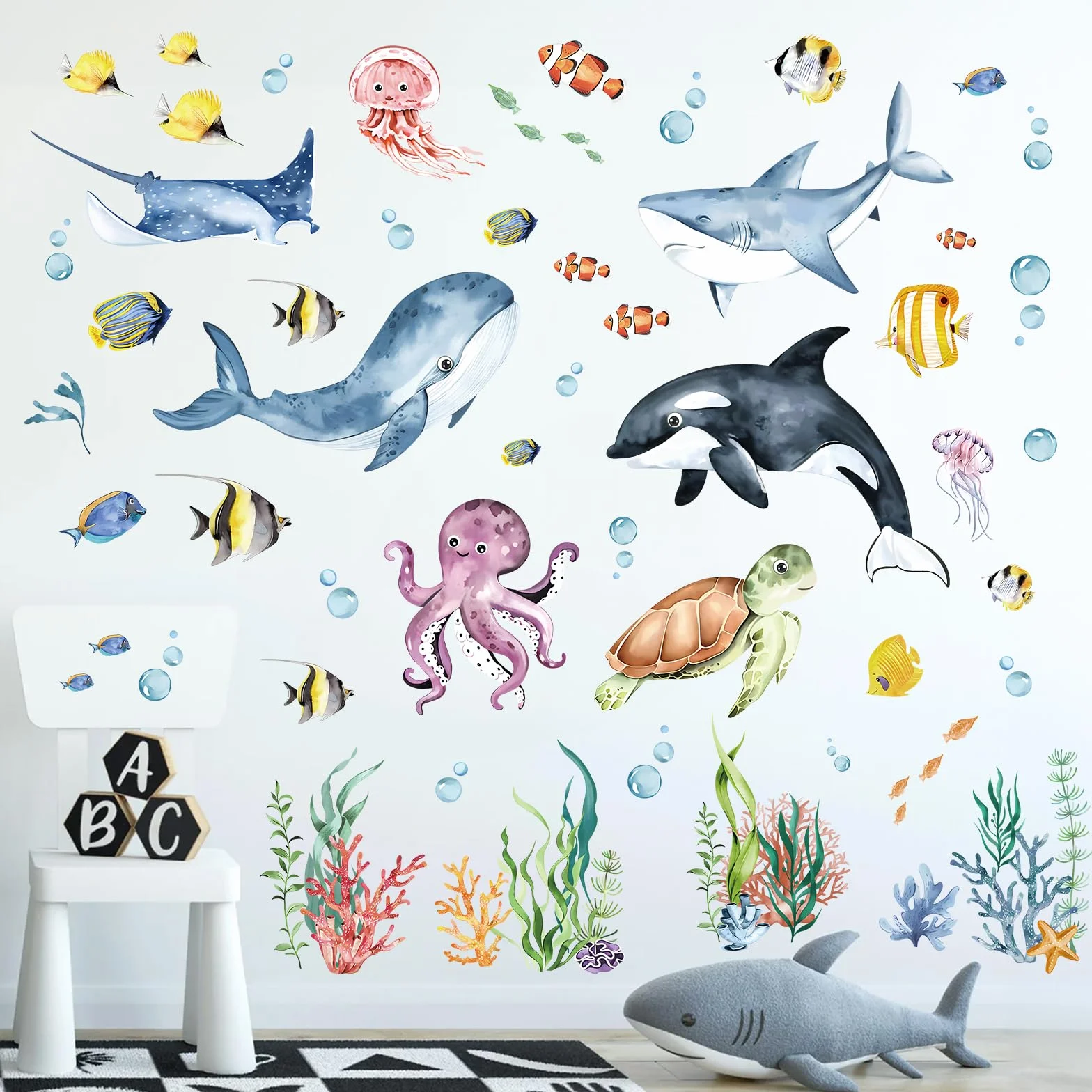decalmile Adesivi Murali Sotto il Mare Pesci Adesivi da Parete Pesci del Mare Dolphin Balena Tartaruga Marina Alghe Decorazione Murale Bagno Camerette Bambini Camera da Letto