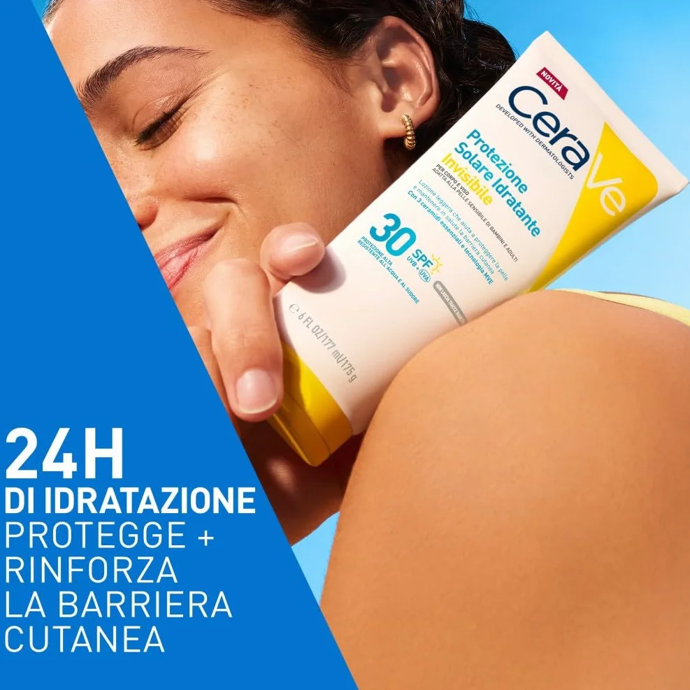 CeraVe Protezione Solare Idratante Invisibile SPF30, Per Tutte le Tipologie di Pelle, Protezione Molto Alta, Idratazione 24 ore, Texture Leggera e Invisibile sulla Pelle, 177ml
