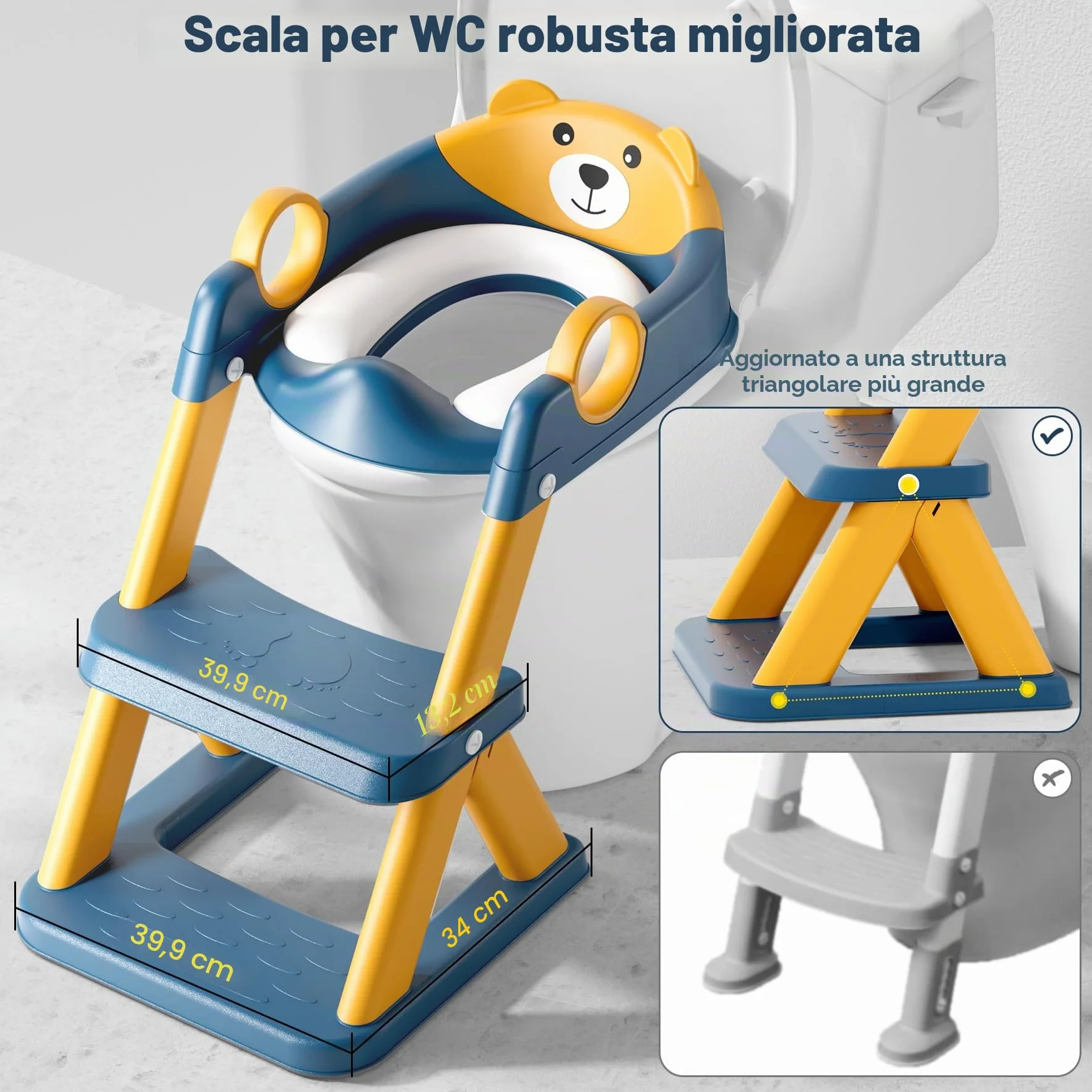 Riduttore wc bambini, sedile rialzato maschi e femmine, pedana antiscivolo anti-spruzzo scala per water,Blu Giallo