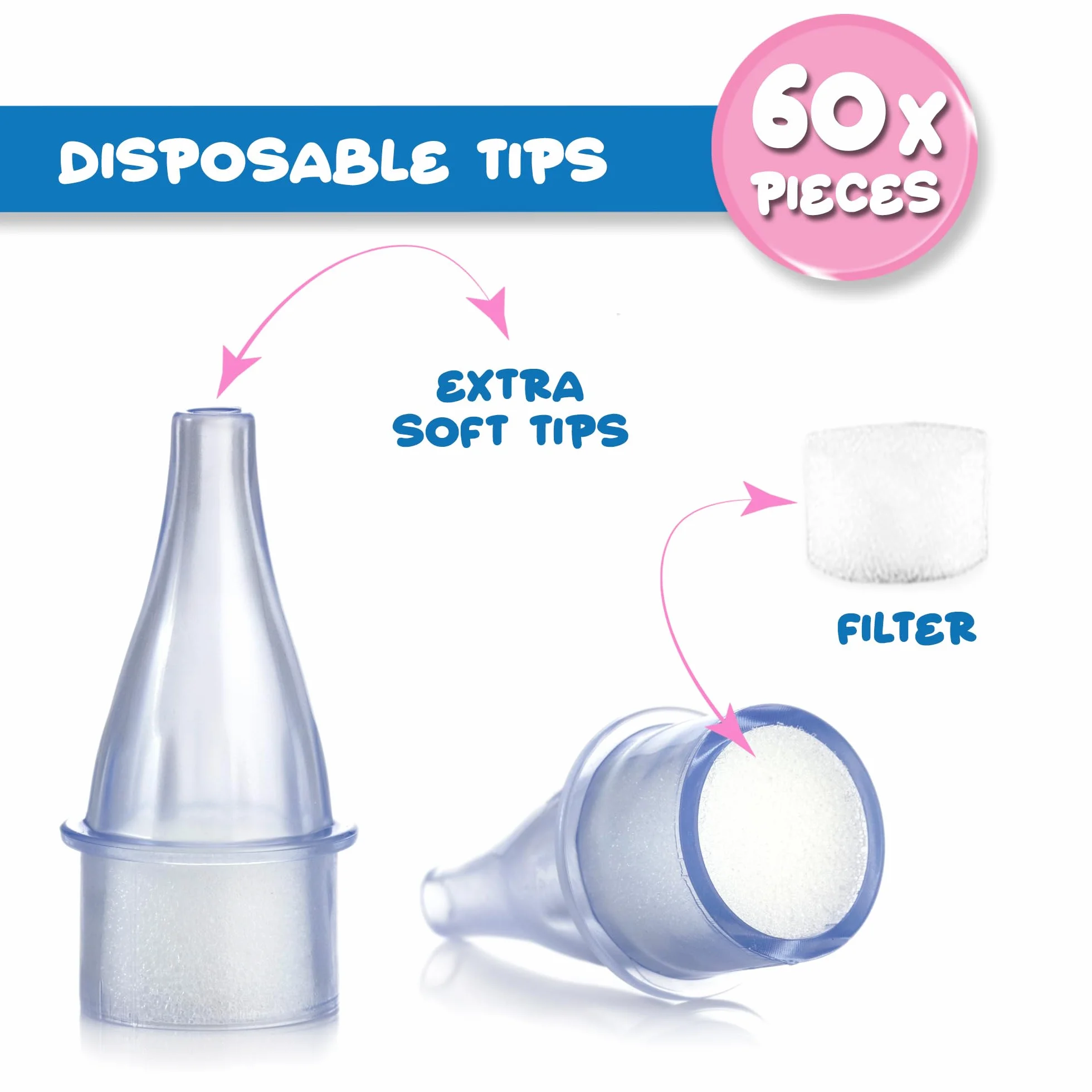 Optinell 60 Ricambi Morbidi per Aspiratore Nasale Neonato e Bambini – Beccucci Usa e Getta con Filtro Igienico per Aspiramuco – Extra Soft Tips, Igiene Nasale e Lavaggi Nasali (60 Pezzi, 60, unità)