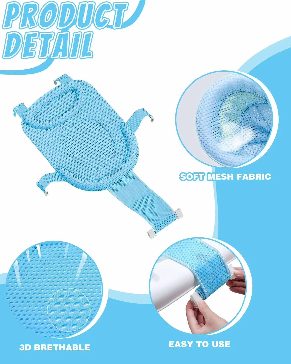 1 pezzo Tappetino da Bagno Per Neonati, Con Rete Regolabile, Antiscivolo, Con Cintura di Sicurezza, Per Neonati(Blu)