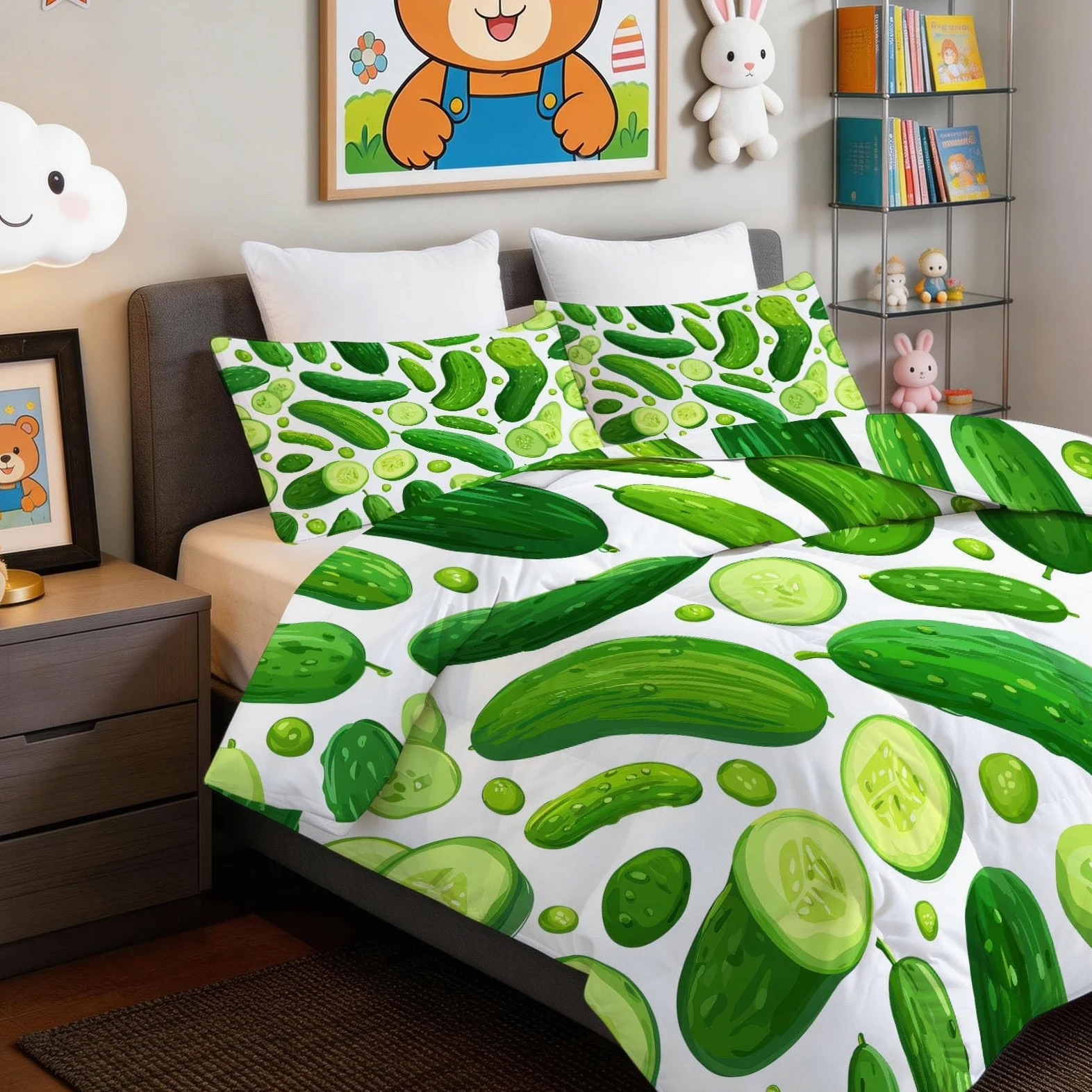 Générique Piumino lavabile per bambini, 200 x 200 cm, bianco cartone animato, verdura, cetriolo 4 stagioni, per letto matrimoniale, piumino reversibile leggero, senza coperte e 2 federe 65 x 65 cm