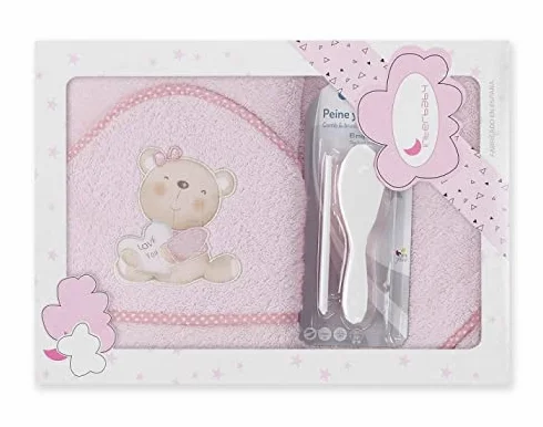 Interbaby P1177-02, Asciugamano con cappuccio per neonato LOVE YOU in rosa con Set de Spazzola e Pettine - 900 g