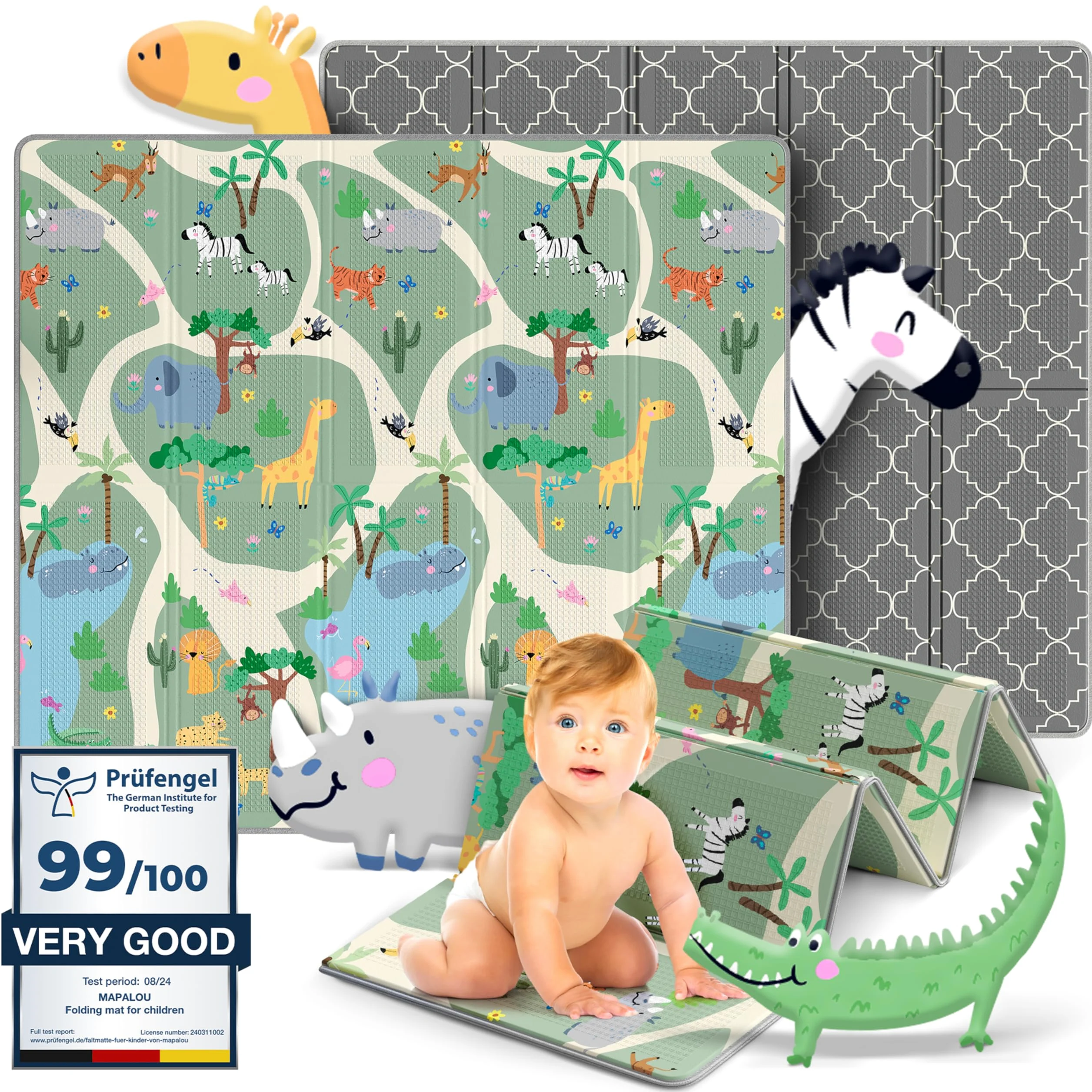 Tappeto Gioco Bambini Pieghevole – Tappeto Gioco Neonato, Tappeto Neonato Gattonamento, Tappeto Tummy Time Neonati, Tappetone Neonato Morbido, Tappeto Gomma Bambini, 180x200cm - Safari