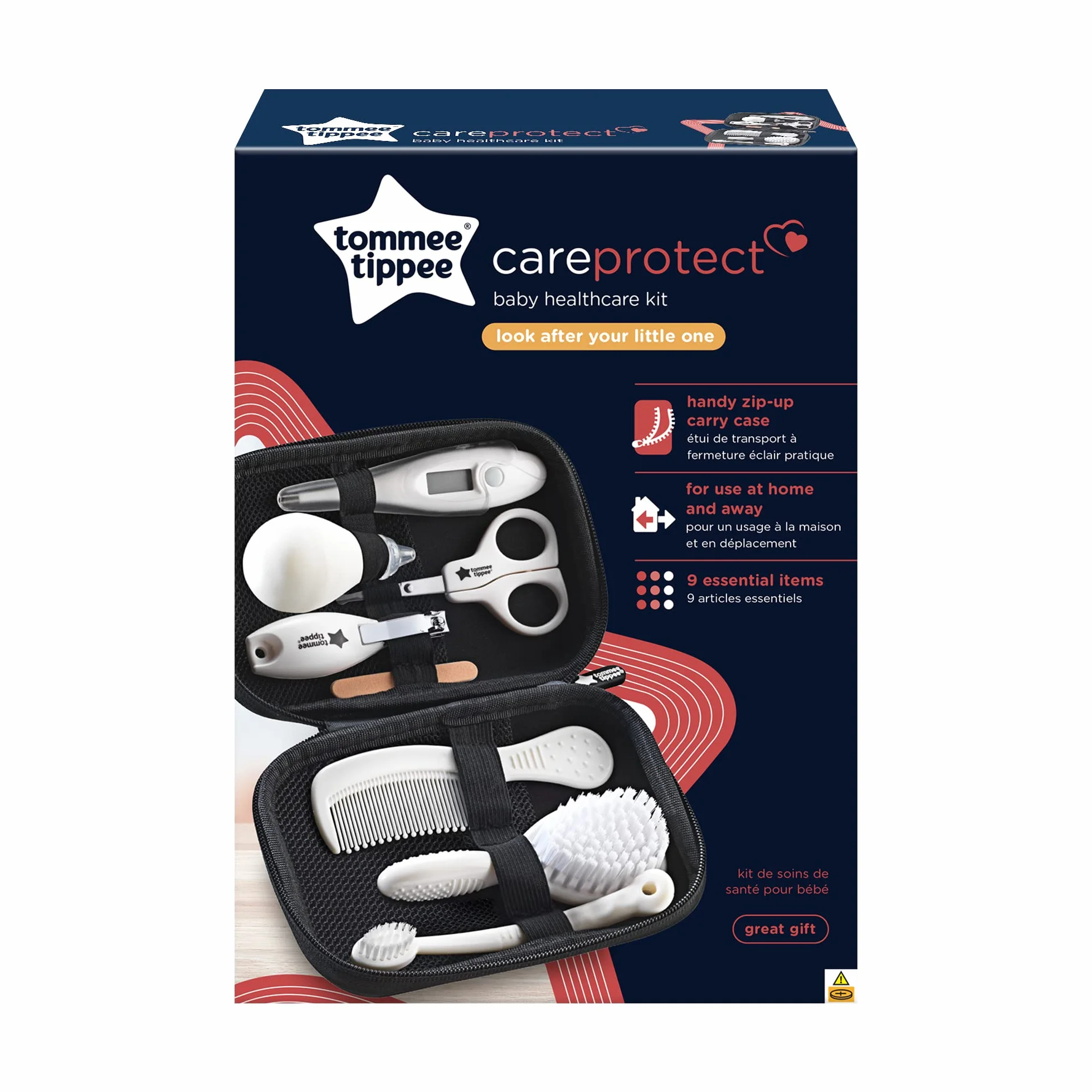 Tommee Tippee kit per la cura e l'igiene dei bambini, 9 articoli essenziali a casa e in viaggio in custodia impermeabile e lavabile (la fantasia potrebbe cambiare)