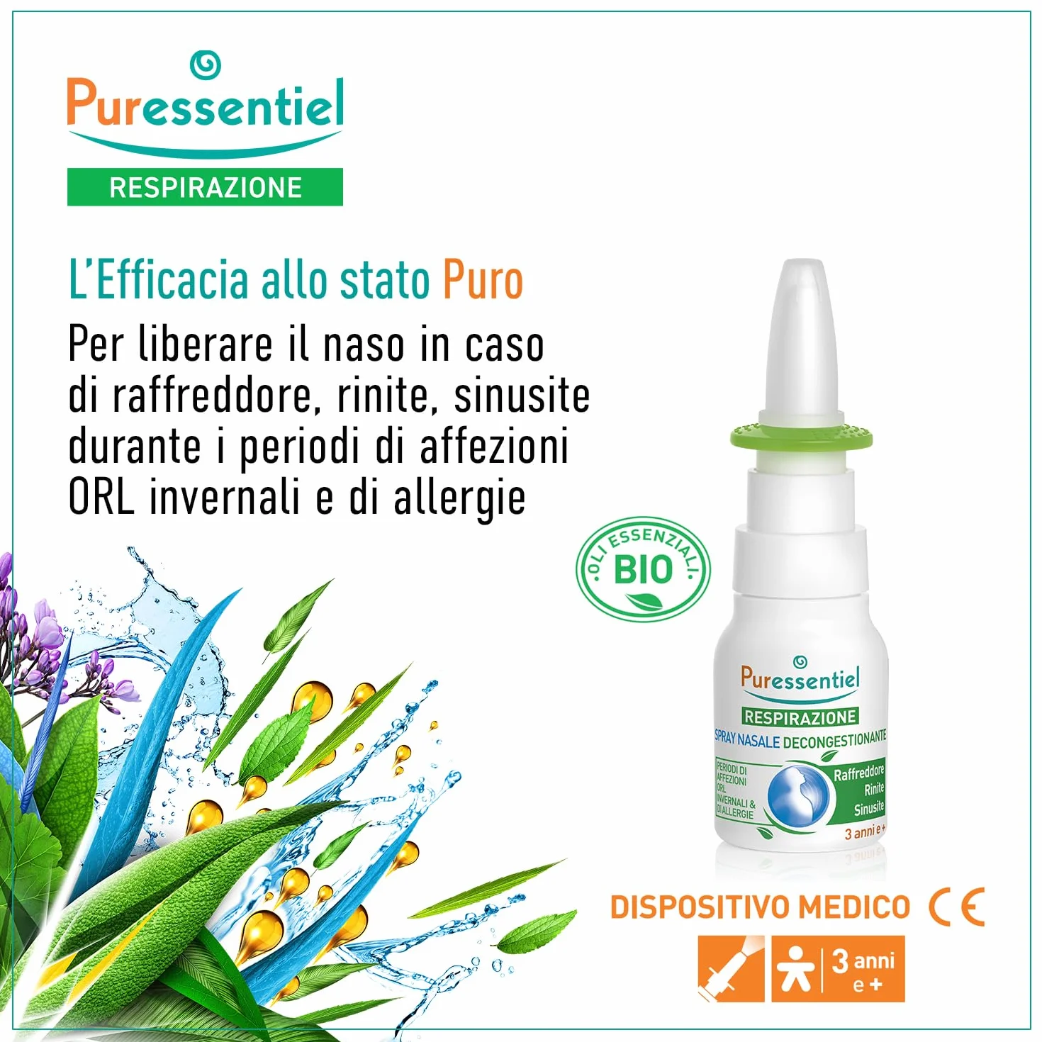 Puressentiel – Respirazione – Spray Nasale Decongestionante – Dispositivo medico – Decongestiona sin dai primi minuti - Raffreddore, rinite, sinusite – Formula 100% origine naturale - 15 ml