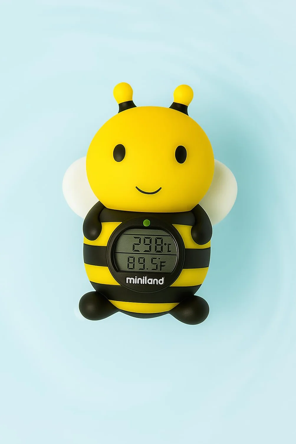Miniland Termometro da bagno per neonati con divertente design a forma di ape, termometro da vasca per neonati, display con funzione orologio e timer, galleggiante e resistente all'acqua | Bee
