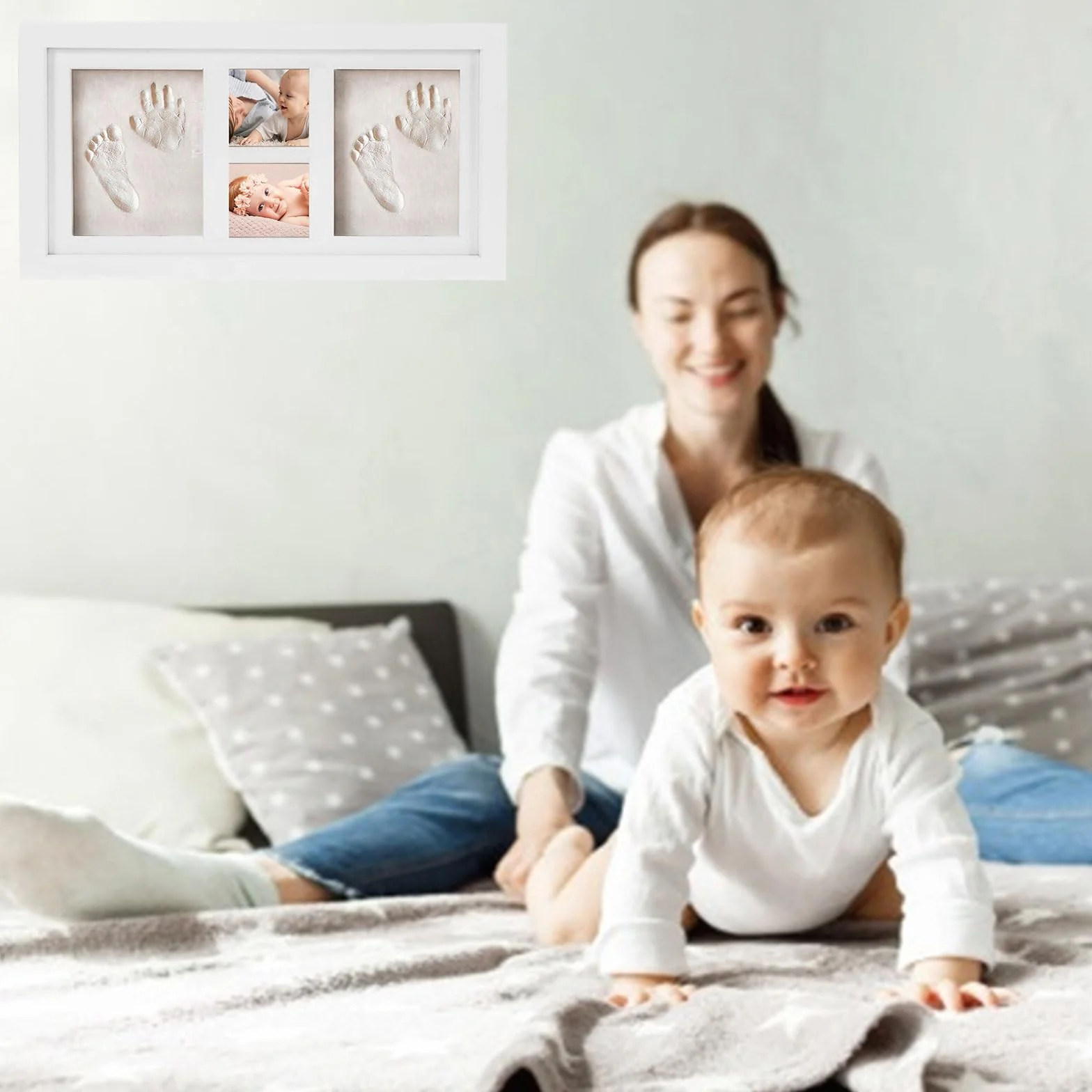 Kit con Cornice in Legno Per Impronte di Neonati, per Piedi e Mani, con 6 confezioni di Cornici in Argilla, regalo per neonata femmina e regali neonato maschio-Regali Battesimo Bimbo