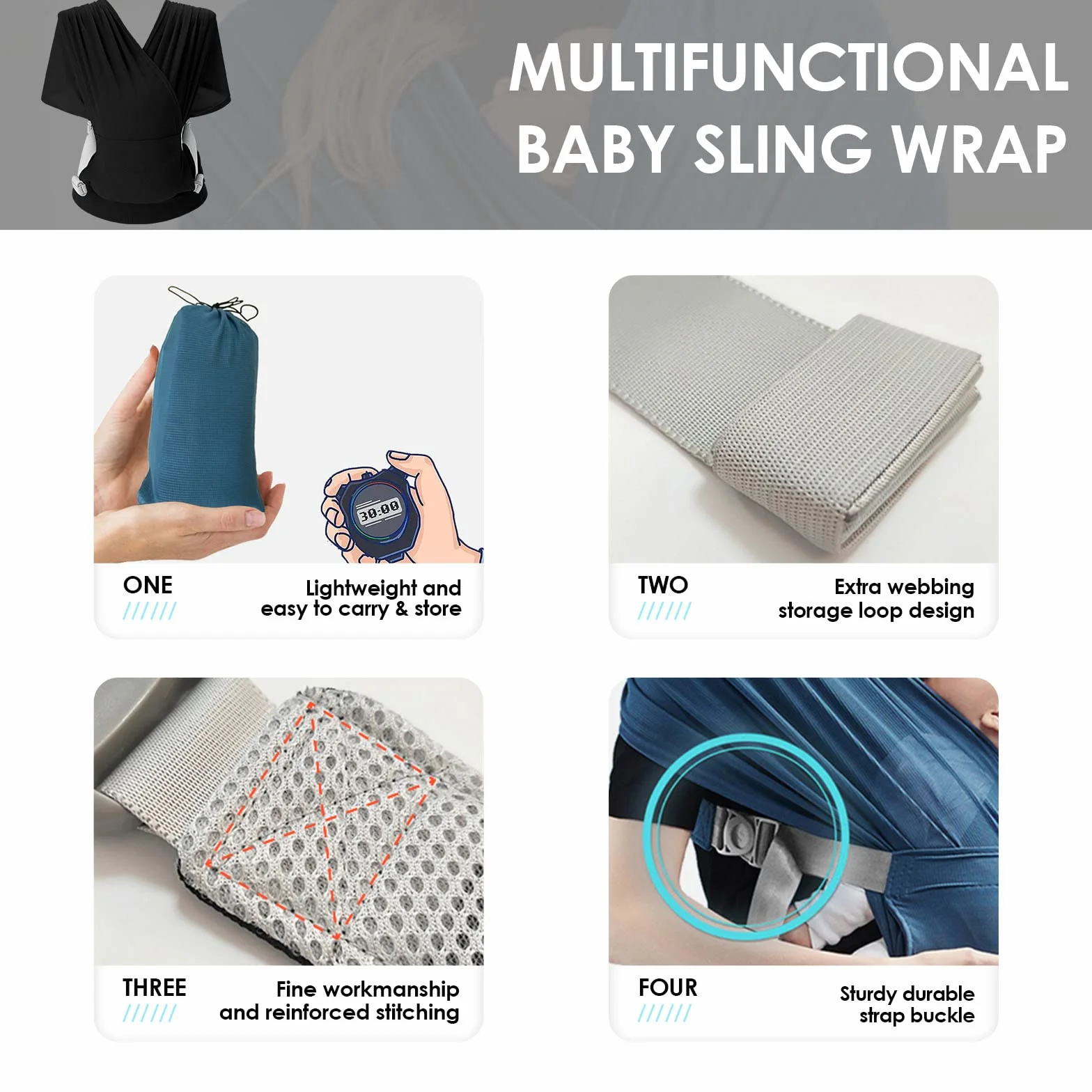SONARIN Traspirante Fascia Porta Bebè,Portabebè Ergonomica Elastica Porta Bambino Portantina Bebè Marsupio Portabebè Neonati Leggera Portatile per Neonati Bambini fino a 15 kg(Nero)