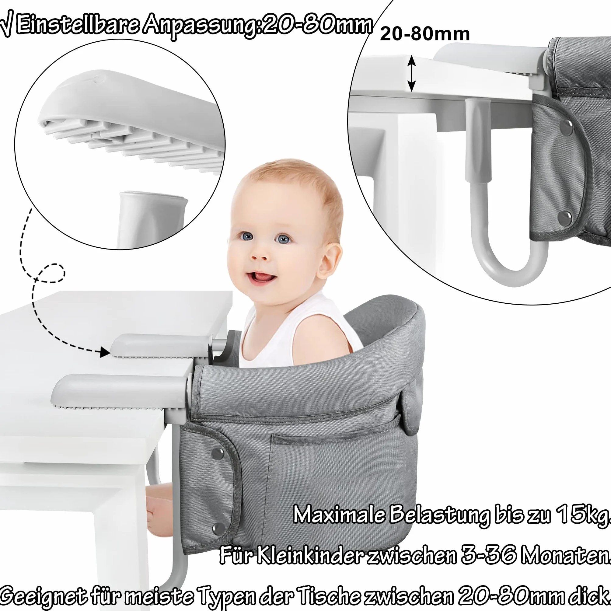 LZQ Seggiolino da tavolo per bambini da 6 a 36 mesi, pieghevole, per tavoli da 2 a 8 cm di spessore (grigio)