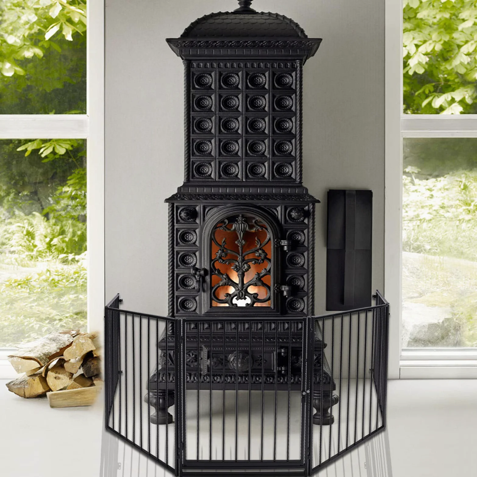 YRHome 5-TLG - Griglia di protezione per camino, per bambini, con porta, per cuccioli, 305 cm, colore: Nero
