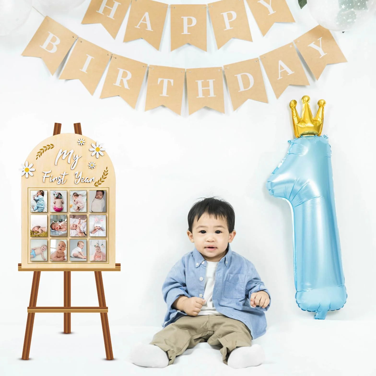 NQEUEPN Cornice per Foto Mio Primo Anno, Fiore Margherita 3D Espositore per Foto Primo Anno di Bambino Banner Fotografico Mensile su Tavola Legno 12 Mesi Regalo per Neonato Ricordi Primo Compleanno