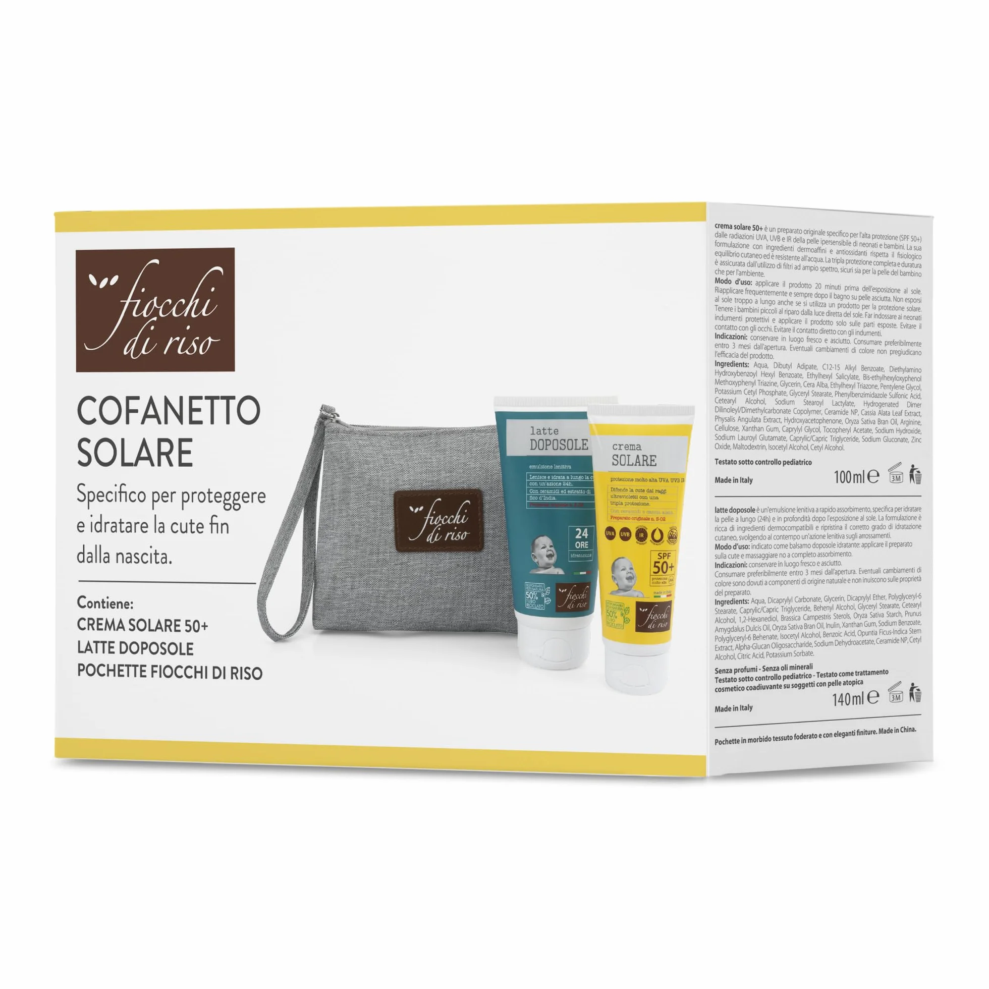 Fiocchi di Riso - COFANETTO SOLARE - Kit specifico per proteggere dal sole e idratare la cute fin dalla nascita, con pochette. - IDEE REGALO