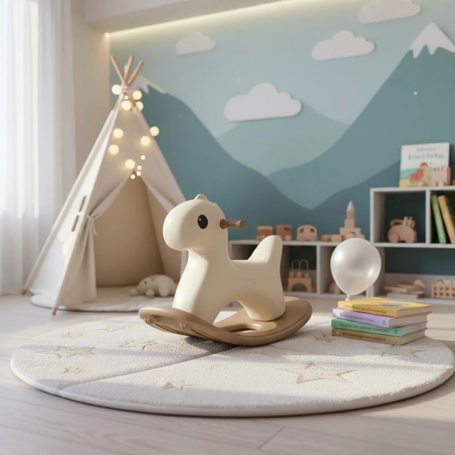 Cavalluccio a Dondolo per Bambini Cavalluccio Cavalcabile Altalena per Neonati Ampia Antiribaltamento Materiale PE Solido Privo di Odori Bordi, Grigio Beige, Con Striscia