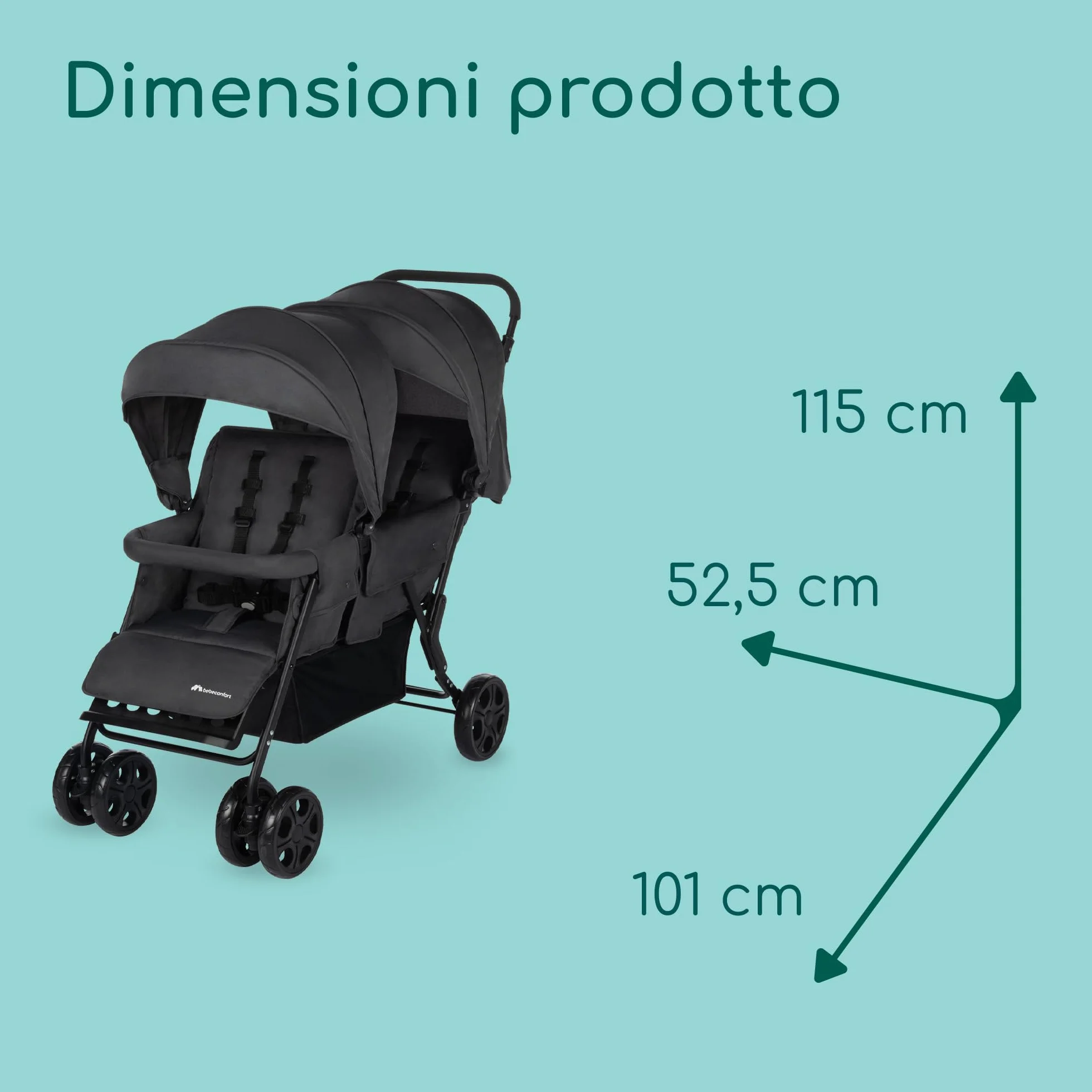 Bebeconfort Teamy passeggino fratellare gemellare lineare, passeggino tandem doppio leggero e compatto, pesa solo 12,5 kg, con parapioggia e coprigambe inclusi, Mineral Graphite