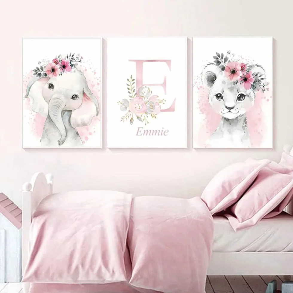3 Quadri Personalizzati Nome Nascita Stampe Animali Cameretta Bimbo Rosa 30x 40 cm Quadro Cameretta Bambina Decorativi da Parete Bambini Poster Camera Ragazza Ragazzo Regalo Tela senza Cornice