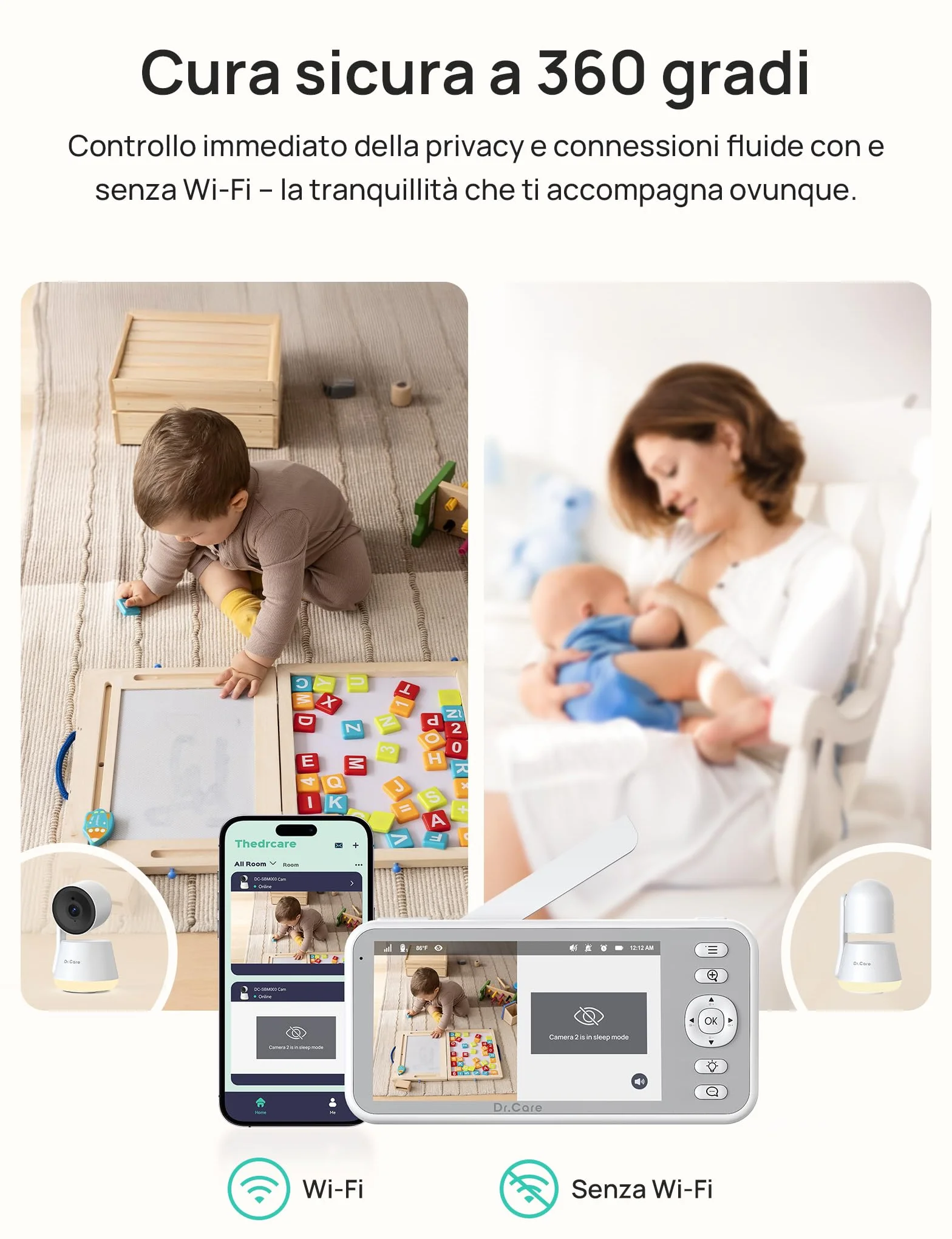 Dr.Care LumiView Baby Monitor WiFi SBM003-1080P FHD & 2K, Controllo App, Modalità Privacy, Batteria 5000mAh, Allarmi Pianto e Movimento, Luce Notturna RGB (Monitor 5" con 2 Telecamere)