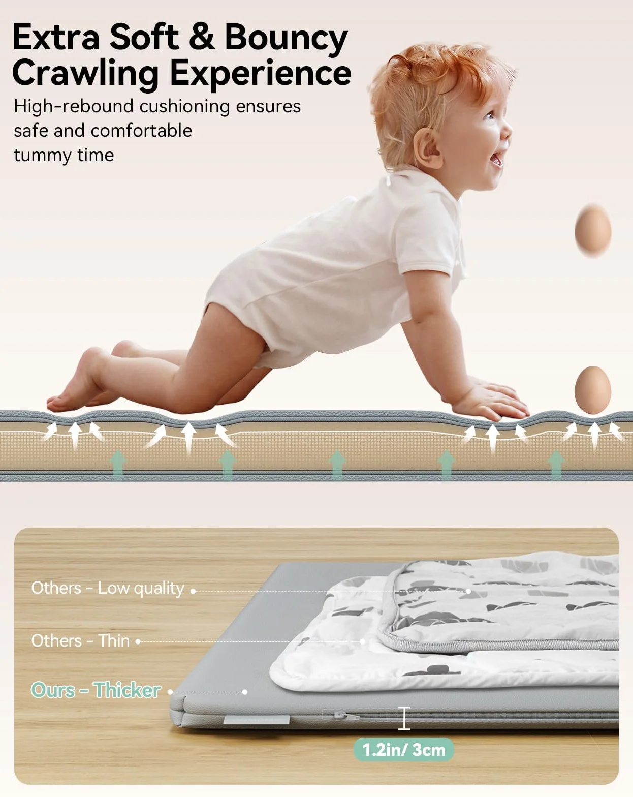COMOMY Pelle Vegana Tappeto Gioco Bambini, 127x127x3 cm Extra Spesso e Morbido Tappeto Neonato, Impermeabile e Non Tossico Tappeto Tummy Time Neonati, Tappetino per Box Bambini, Grigio