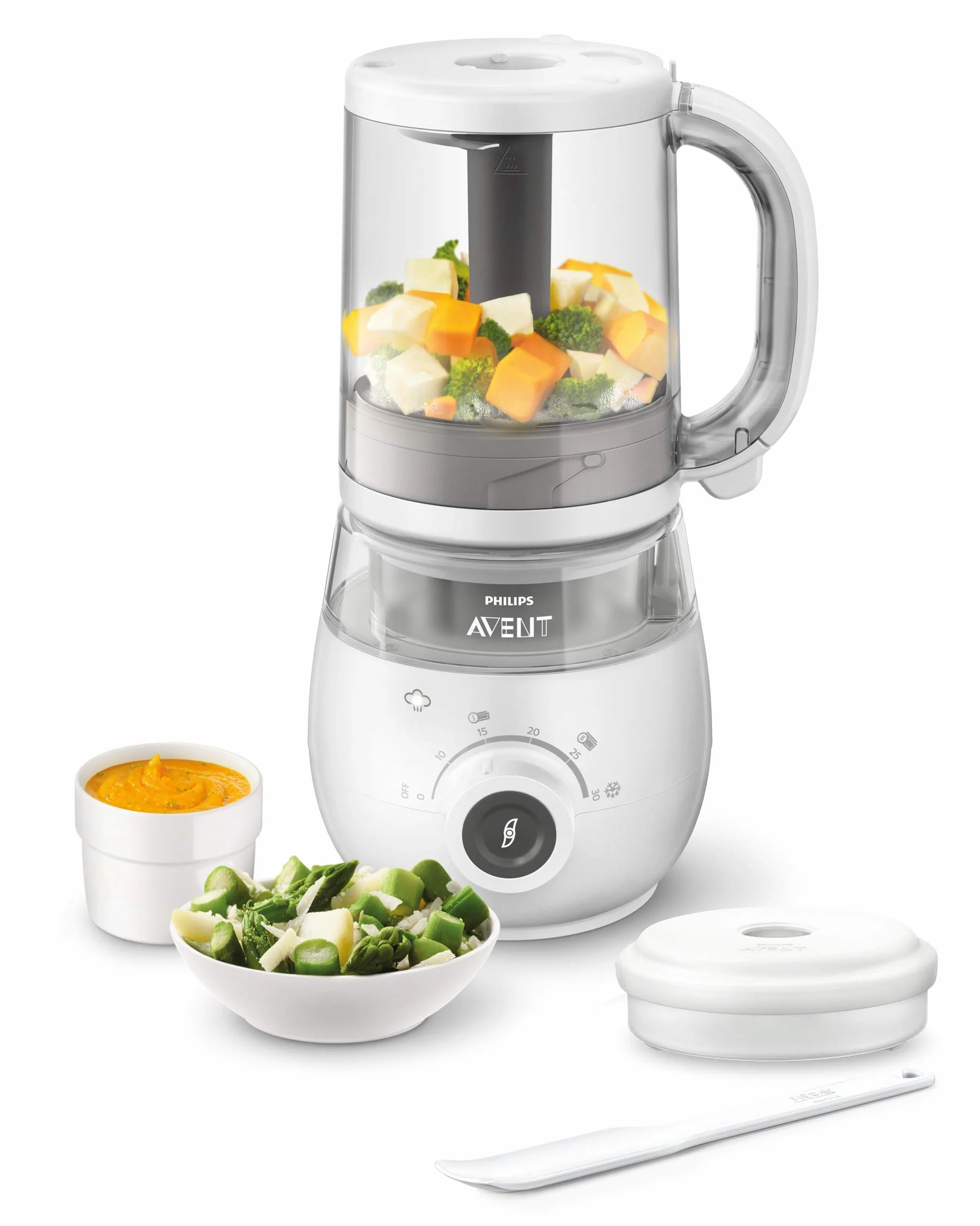 Philips Avent SCF883/01 EasyPappa Plus 4 in 1 Cuocipappa Multifunzione con Set Vasetti SCF721/20 per la Conservazione delle Pappe, 20 Pezzi