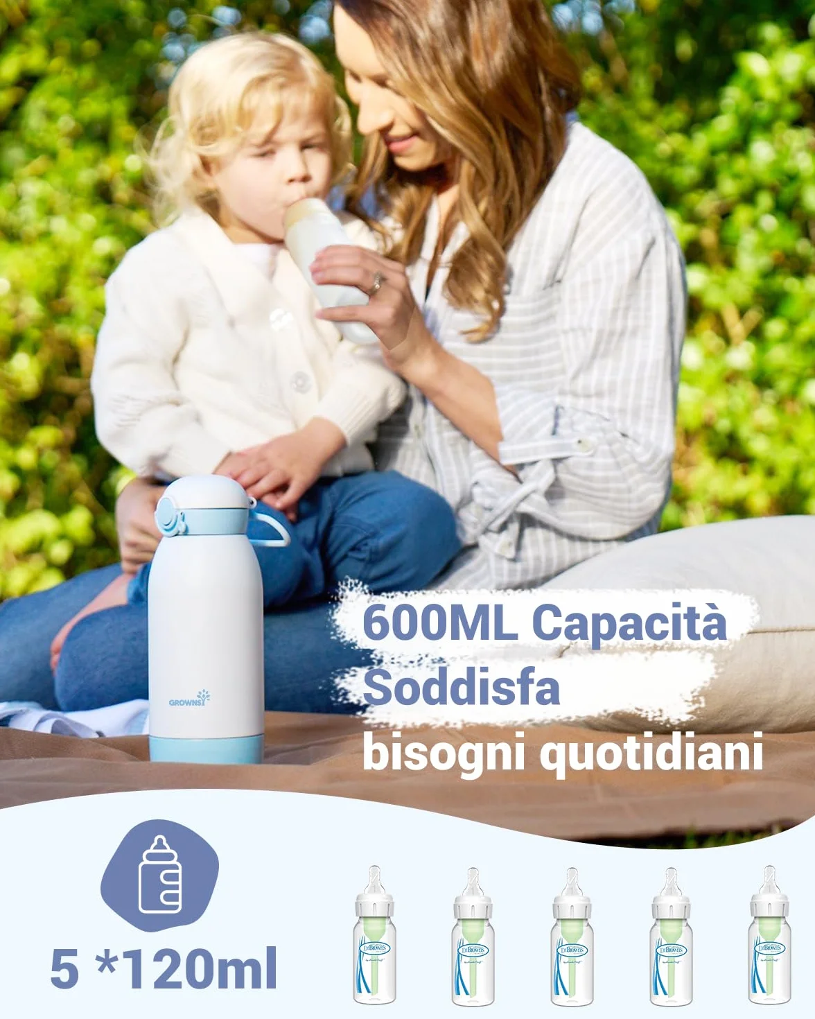 GROWNSY Scaldabiberon Portatile da Viaggio Scalda Biberon Elettrico Senza Fili con Riscaldamento Rapido per Latte Materno e Formula Batteria 10000mAh Capacità 600mL e Controllo della Temperatura